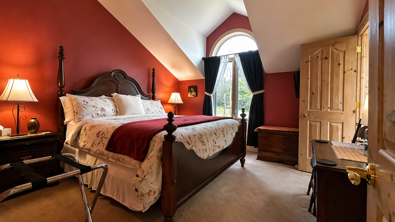 King Room at Chalet Recording Studio, featuring a luxurious king bed and a vaulted ceiling