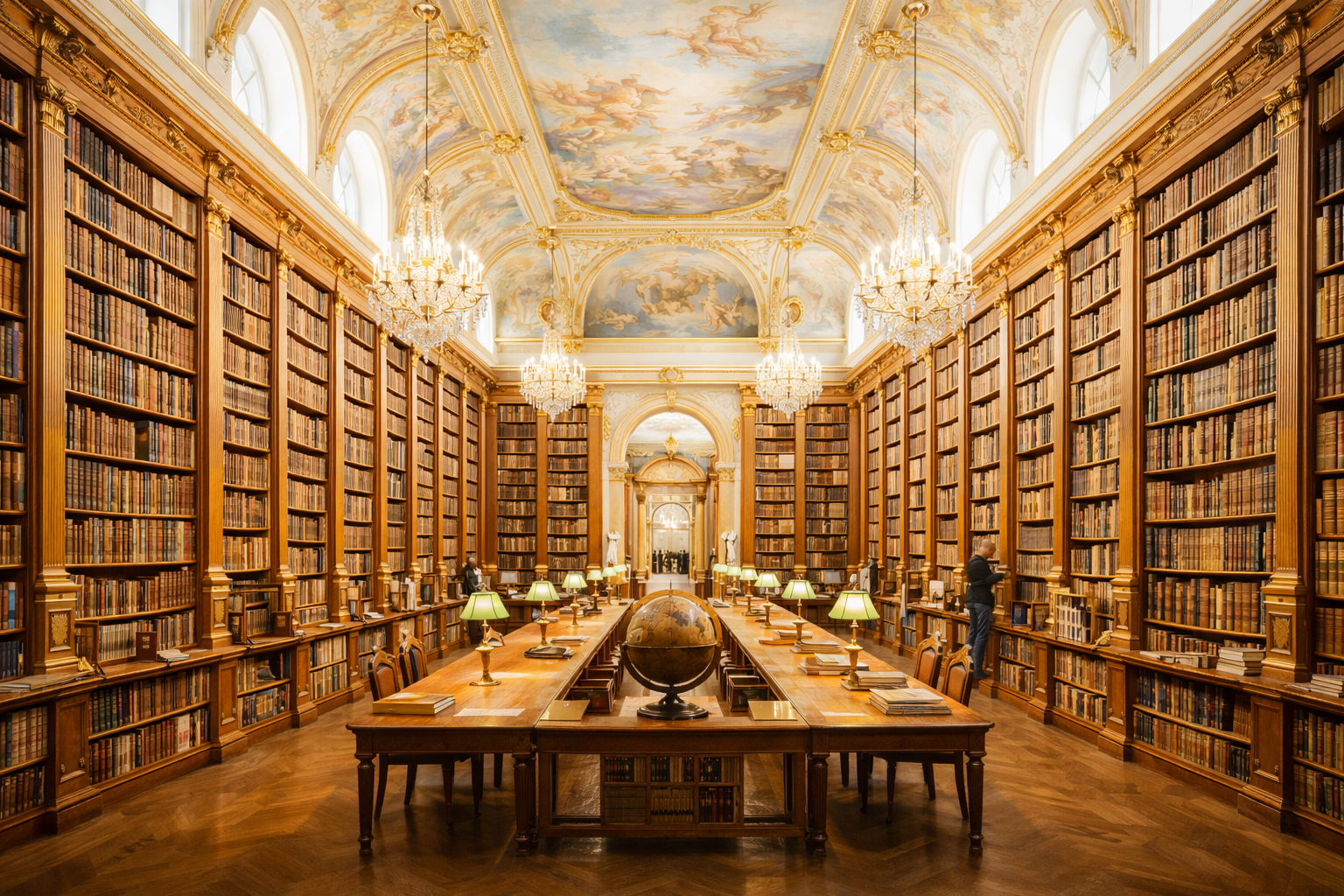 Graphic of Library with globe and sacred art on the ceiling as featured on the RosaryMinded website