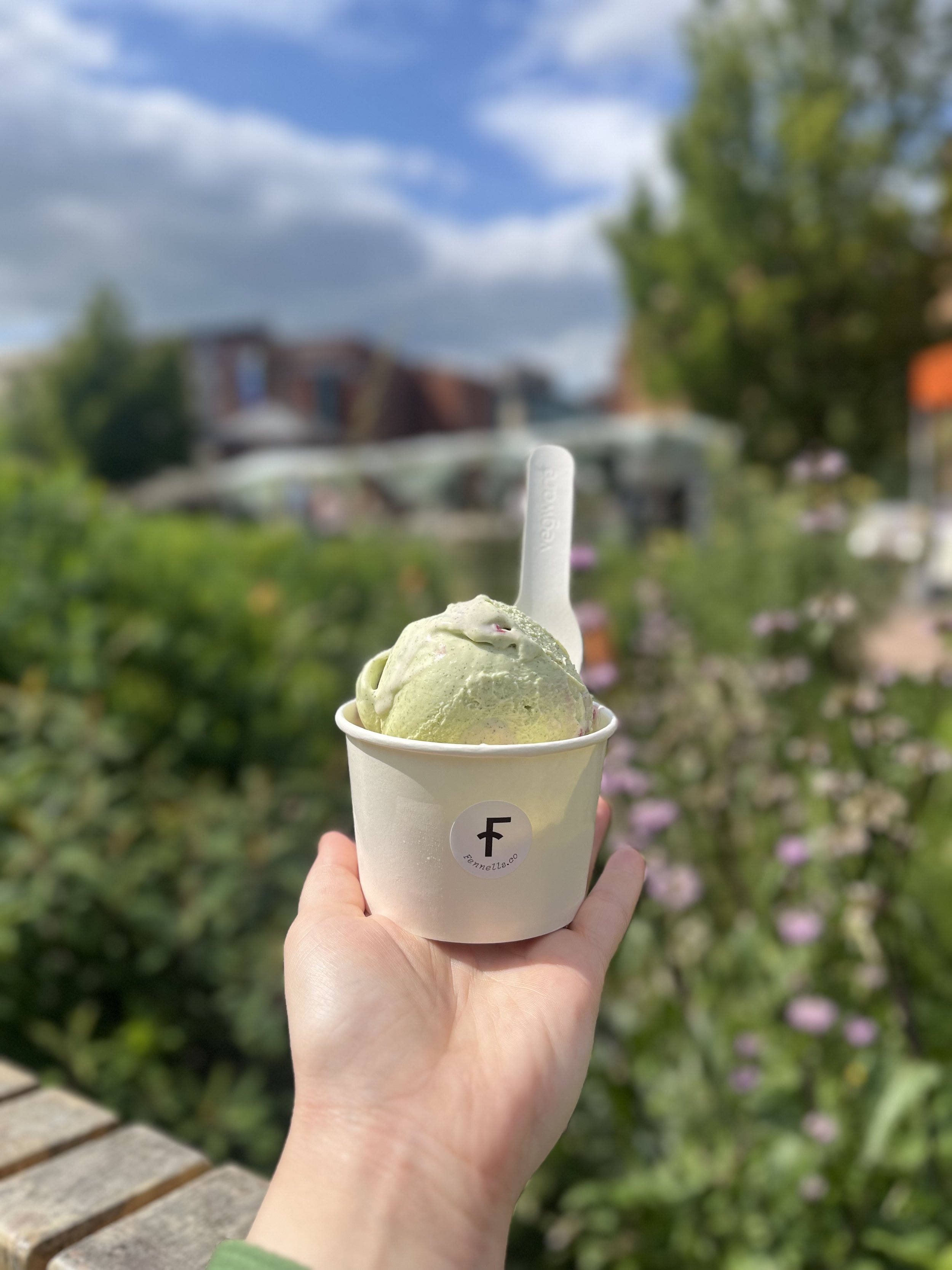 Hand holding a cup of green fig leaf and blackberry ice cream outdoors with a blurred background of a blue sky, green trees, and buildings.