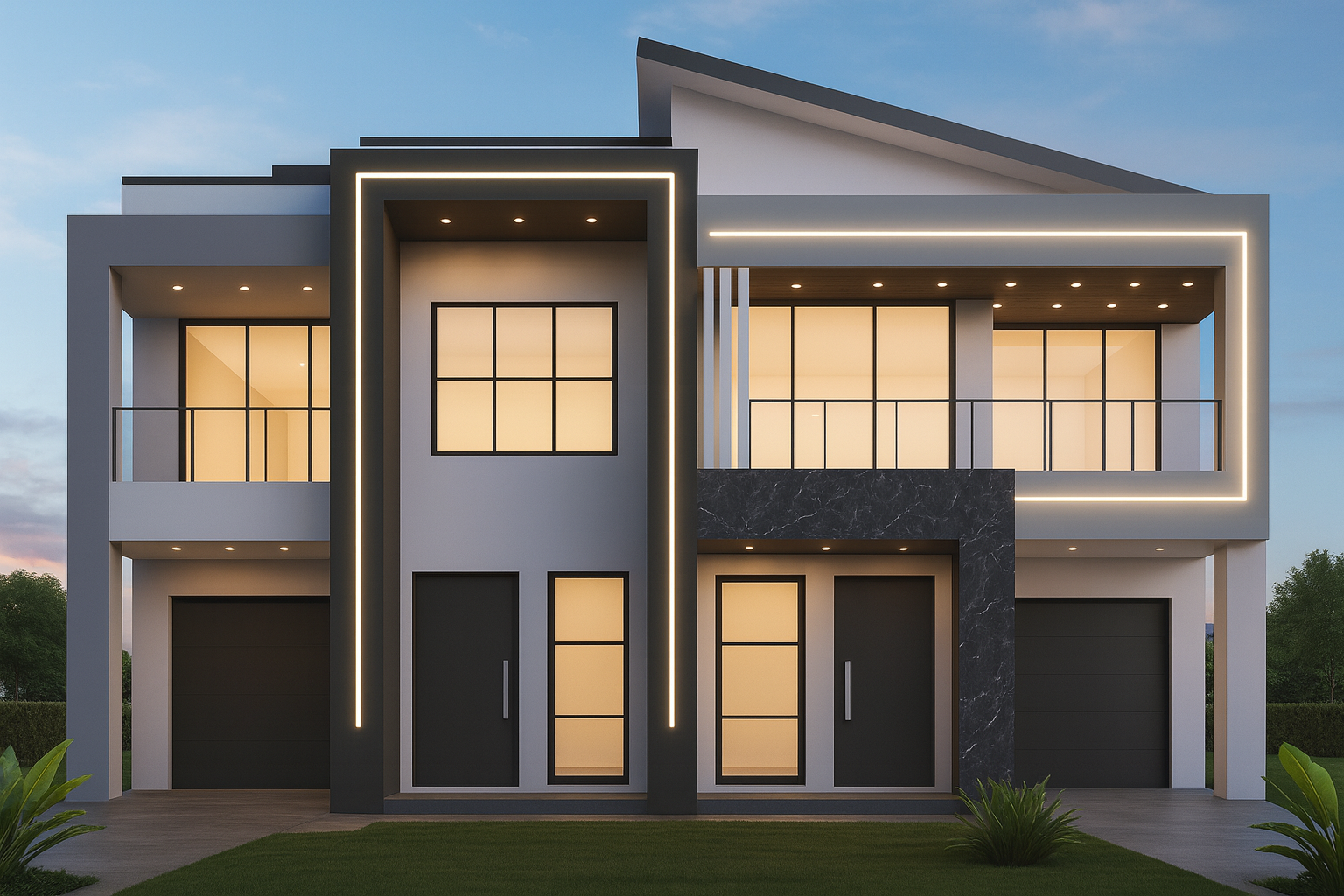 Modern two-story house with black trim and LED lighting accents, large windows and a spacious balcony, surrounded by greenery.