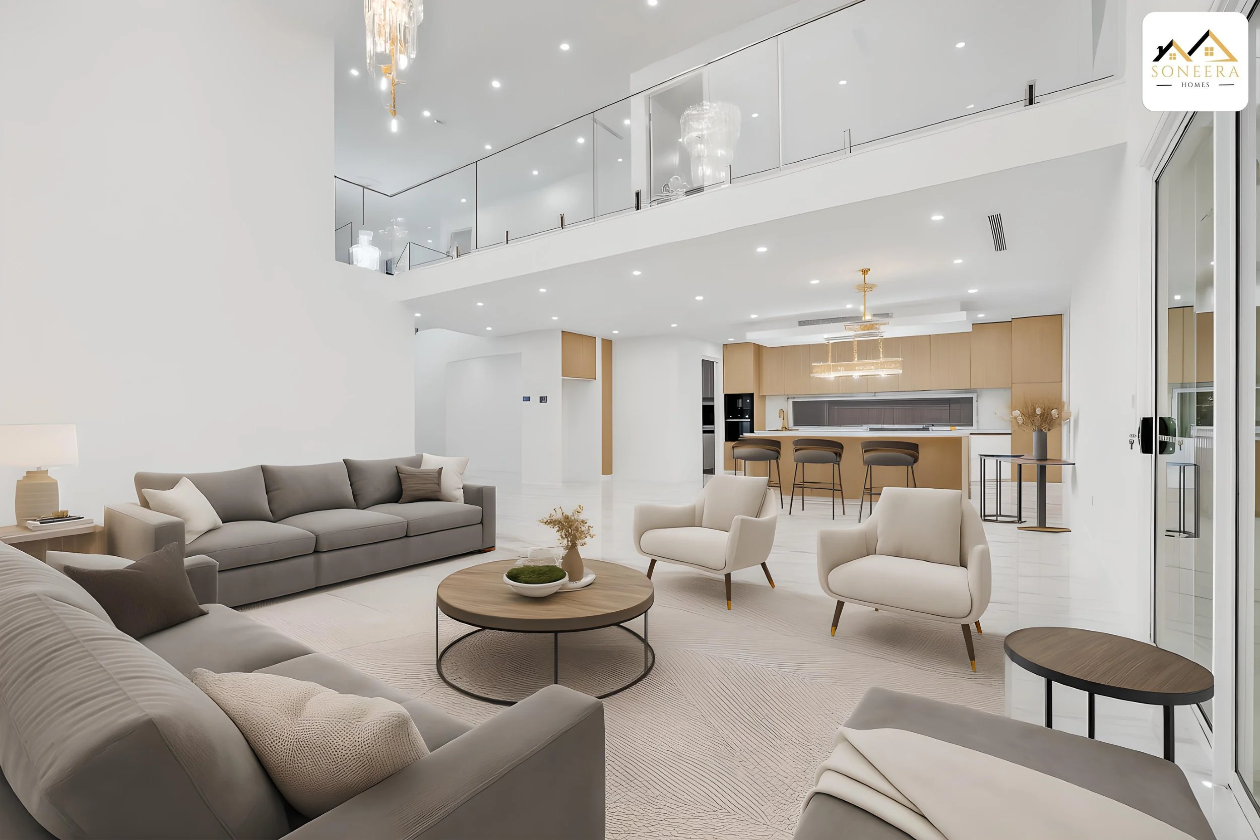 Modern living room with beige and gray sofas, two white armchairs, a round coffee table with decorative items, and a kitchen with a bar counter and three chairs in the background.