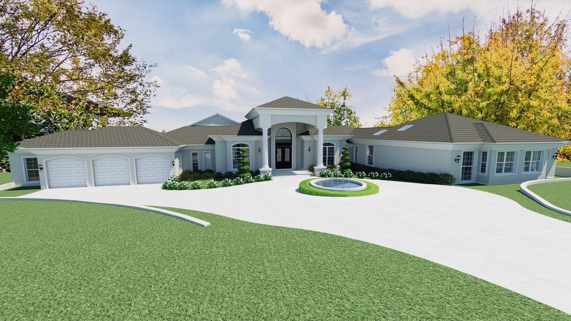 A modern, large house with a white exterior, multiple garages, a central entrance with columns, a fountain in front, manicured lawn, and trees with autumn foliage.