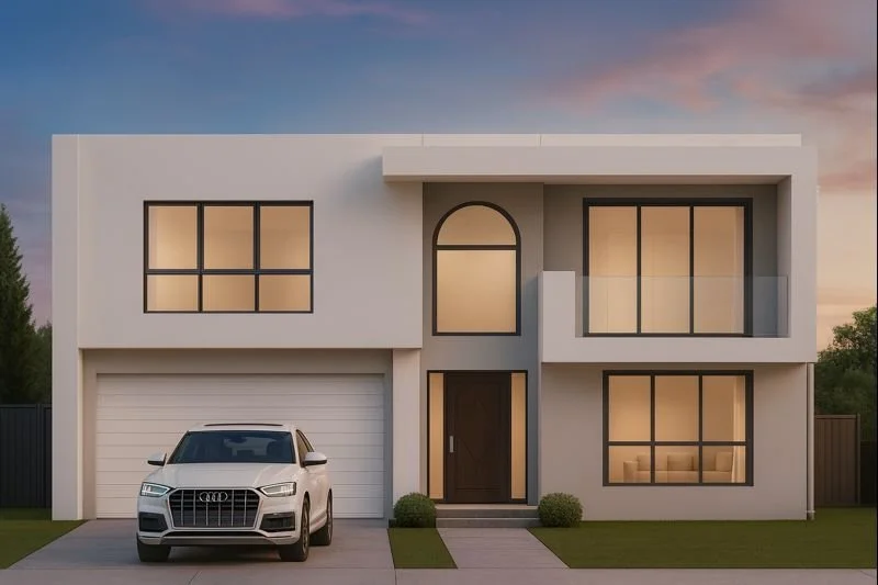 Modern two-story house with white exterior, large windows, and a garage with an Audi SUV parked in front, during sunset.