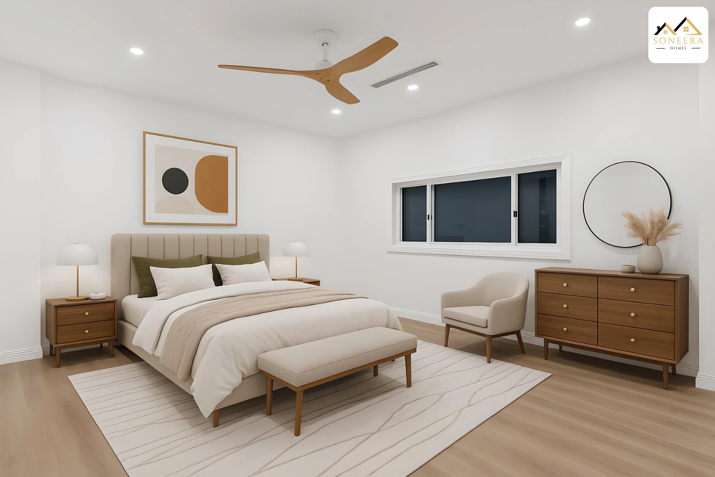 Modern bedroom with beige upholstered bed, matching bench, two wooden nightstands with lamps, cream armchair, wooden dresser with a circular mirror and vase with dried pampas grass, window with white trim, art print above bed, light wood flooring, wh