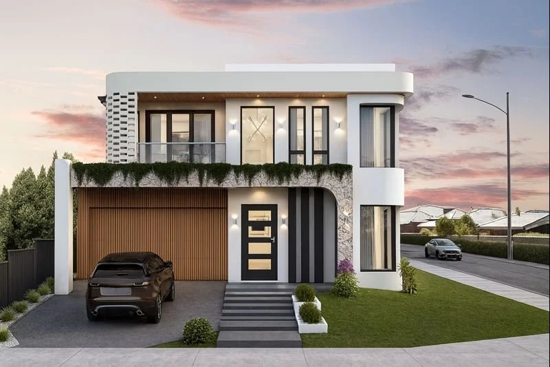 Modern two-story house with a garage, black car parked outside, landscaped yard, and a sunset sky.