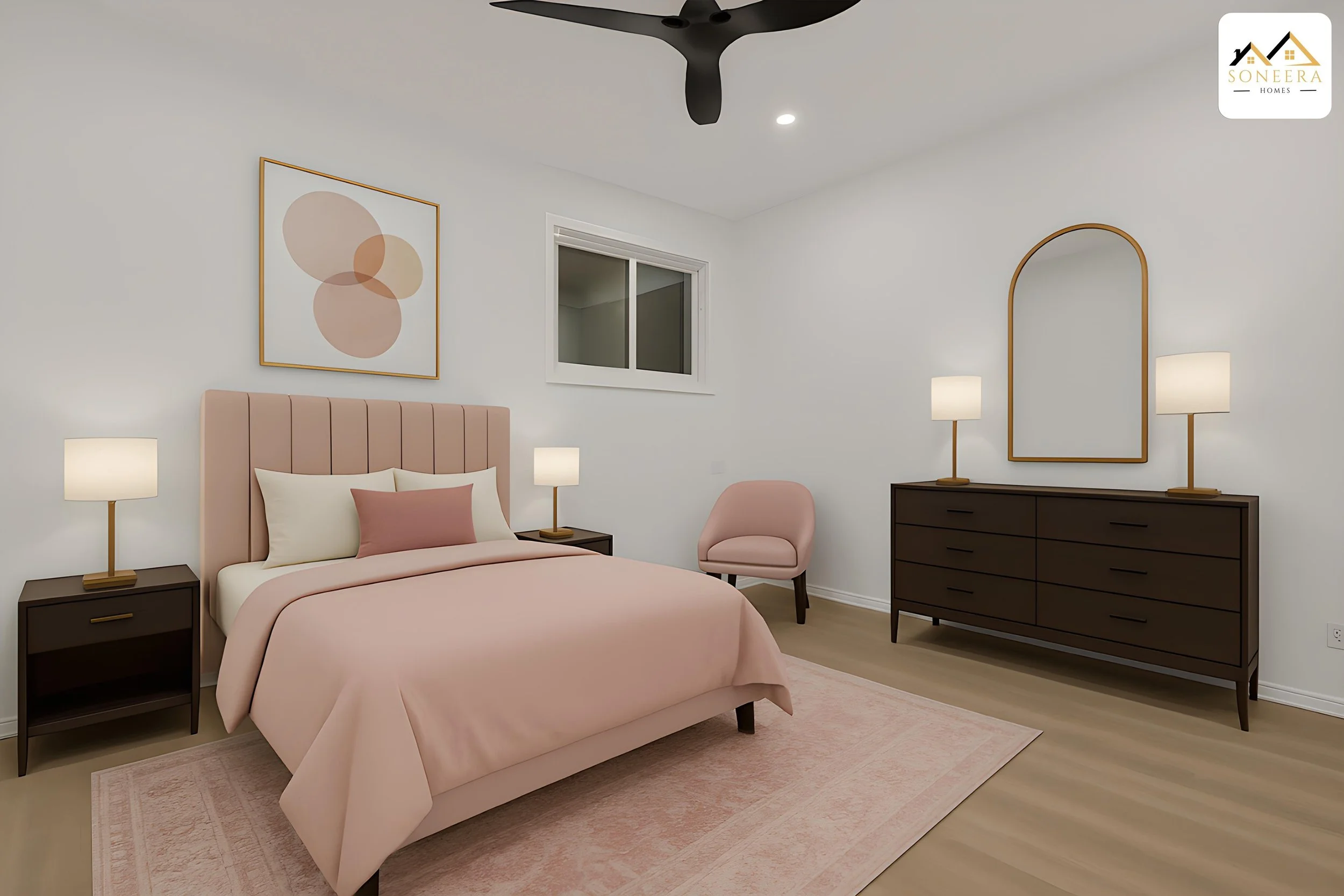 Modern bedroom with pink upholstered bed, white and pink bedding, two nightstands with lamps, pink chair, dark wood dresser with lamps and mirror, abstract wall art, window, ceiling fan, and light-colored flooring.