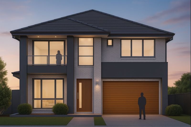 Modern two-story house with gray and white exterior, large windows, a wooden front door, and a garage with a wooden door. One person stands outside, and another is on the balcony.