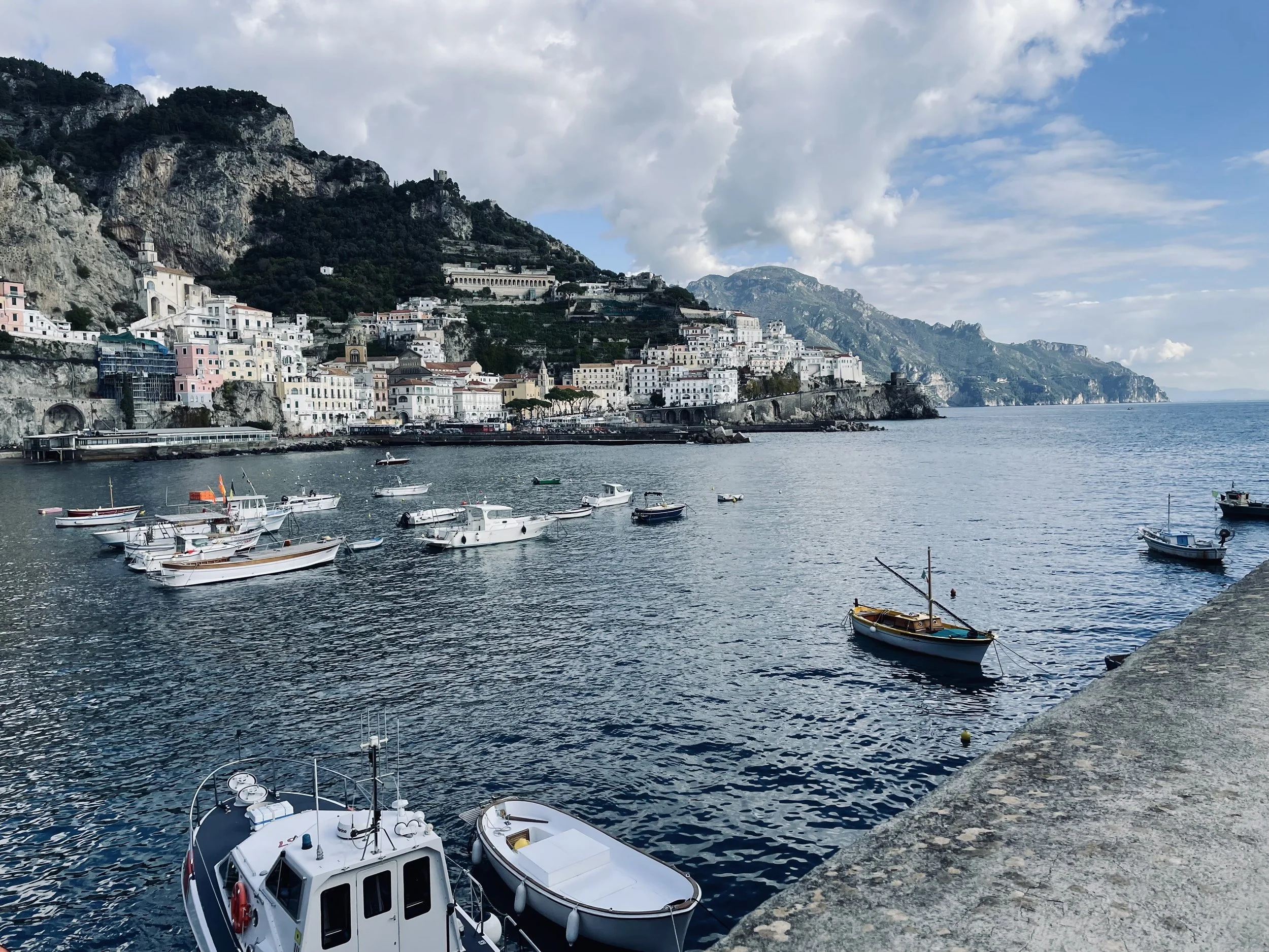 Boats docked in a coastal town with colorful hillside buildings and mountains in the background