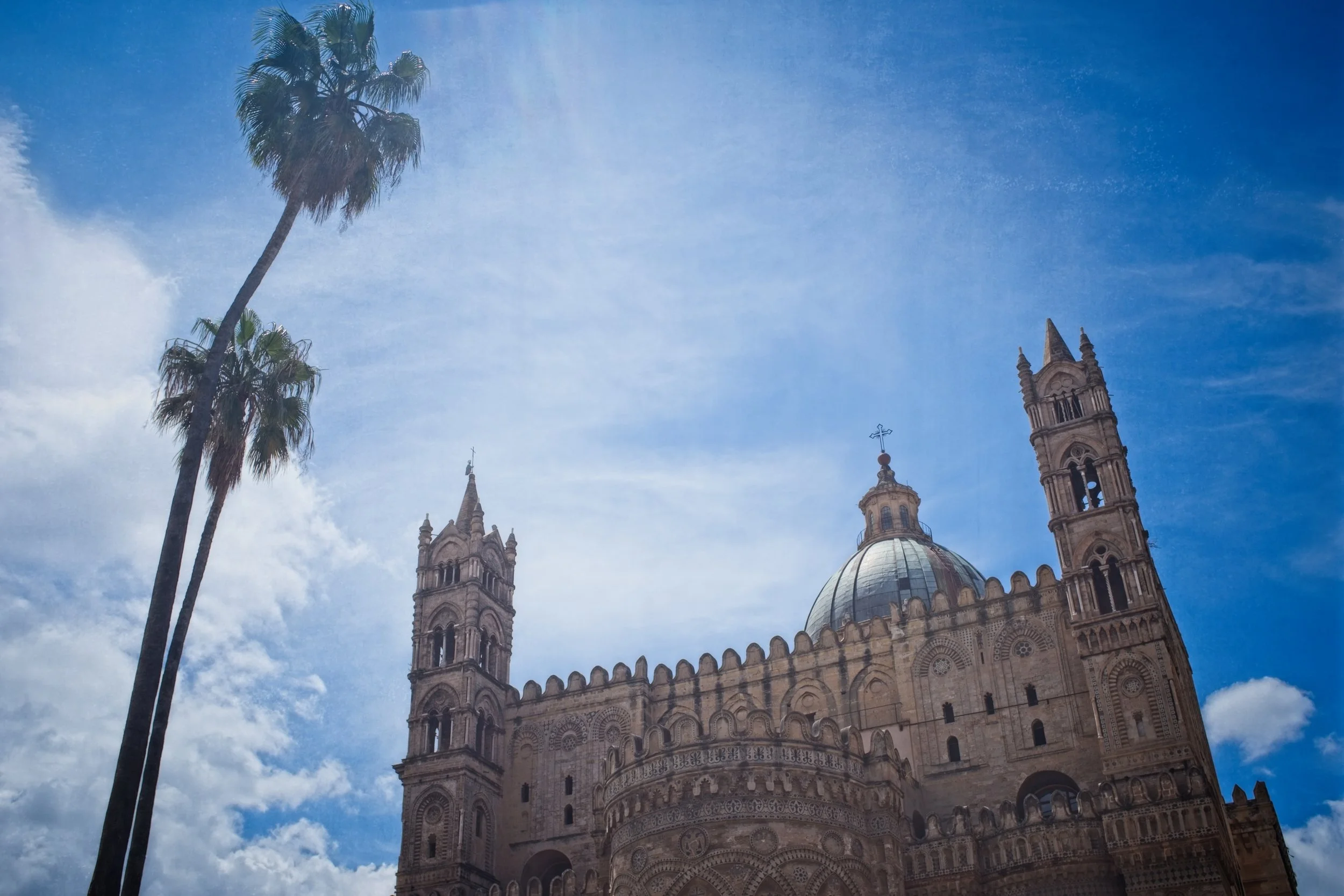 Cathedral with two towers, a large central dome, and two tall palm trees against a partly cloudy blue sky.