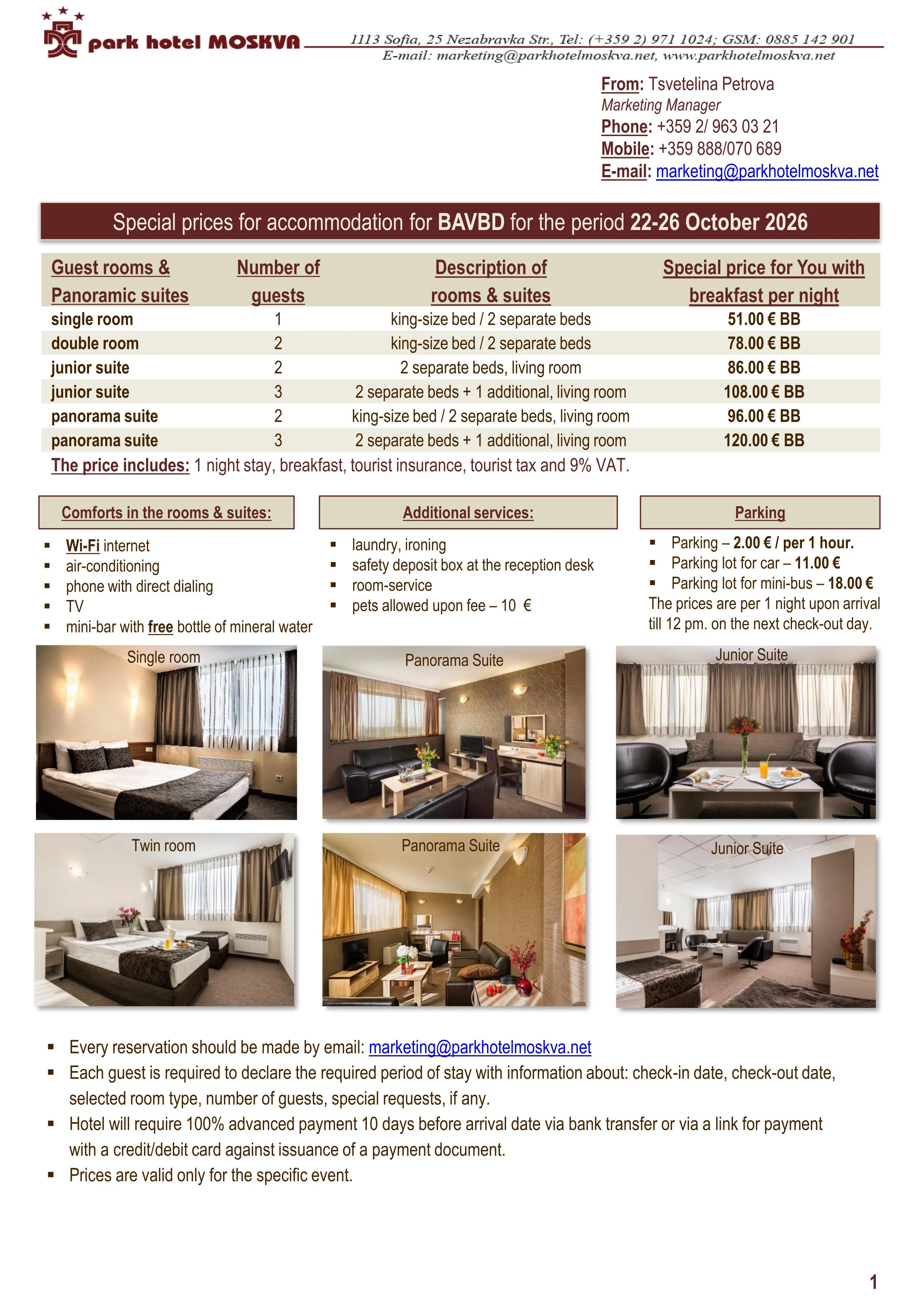 A flyer from Park Hotel Moskva featuring room options and rates, with photographs of various hotel rooms including a single room, twin room, junior suite, panorama suite, and others, along with details about amenities, additional services, parking fees, and reservation policies.