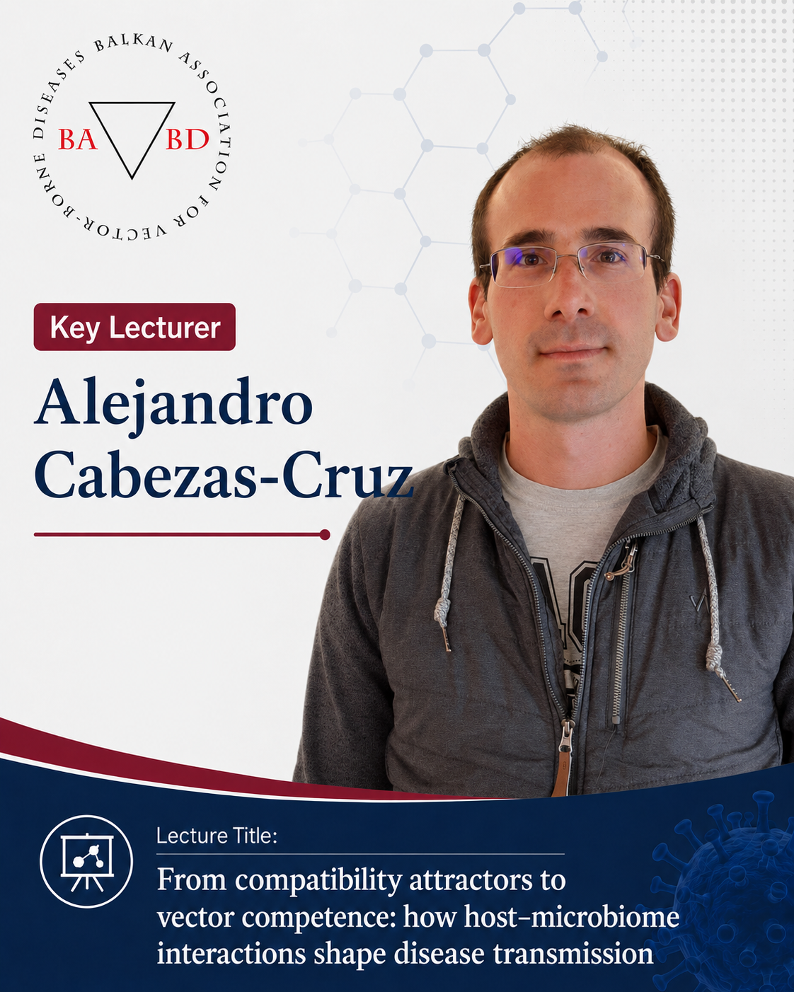 A conference poster featuring a portrait of Alejandro Cabezas-Cruz, labeled as a key lecturer, for a talk titled 'From compatibility attractors to vector competence: how host-microbiome interactions shape disease transmission'. The poster includes logos of the Balkan Association for Disease Ecology and a molecular structure background, with a blue section at the bottom containing presentation details.