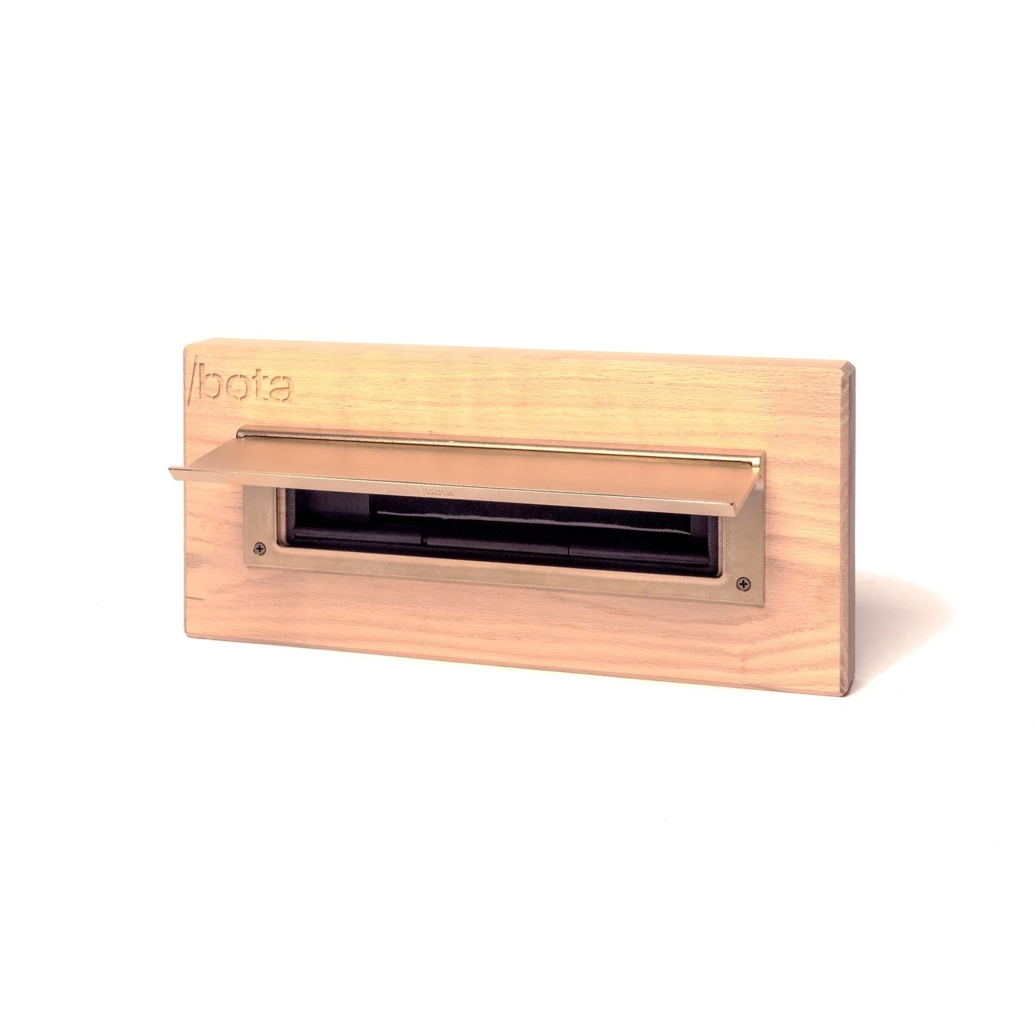 Brass-Seal™ Magazine Size Forged Brass Exterior Mail Slot — Satin Brass finish, installed on door, heat-resistant magnetic closure