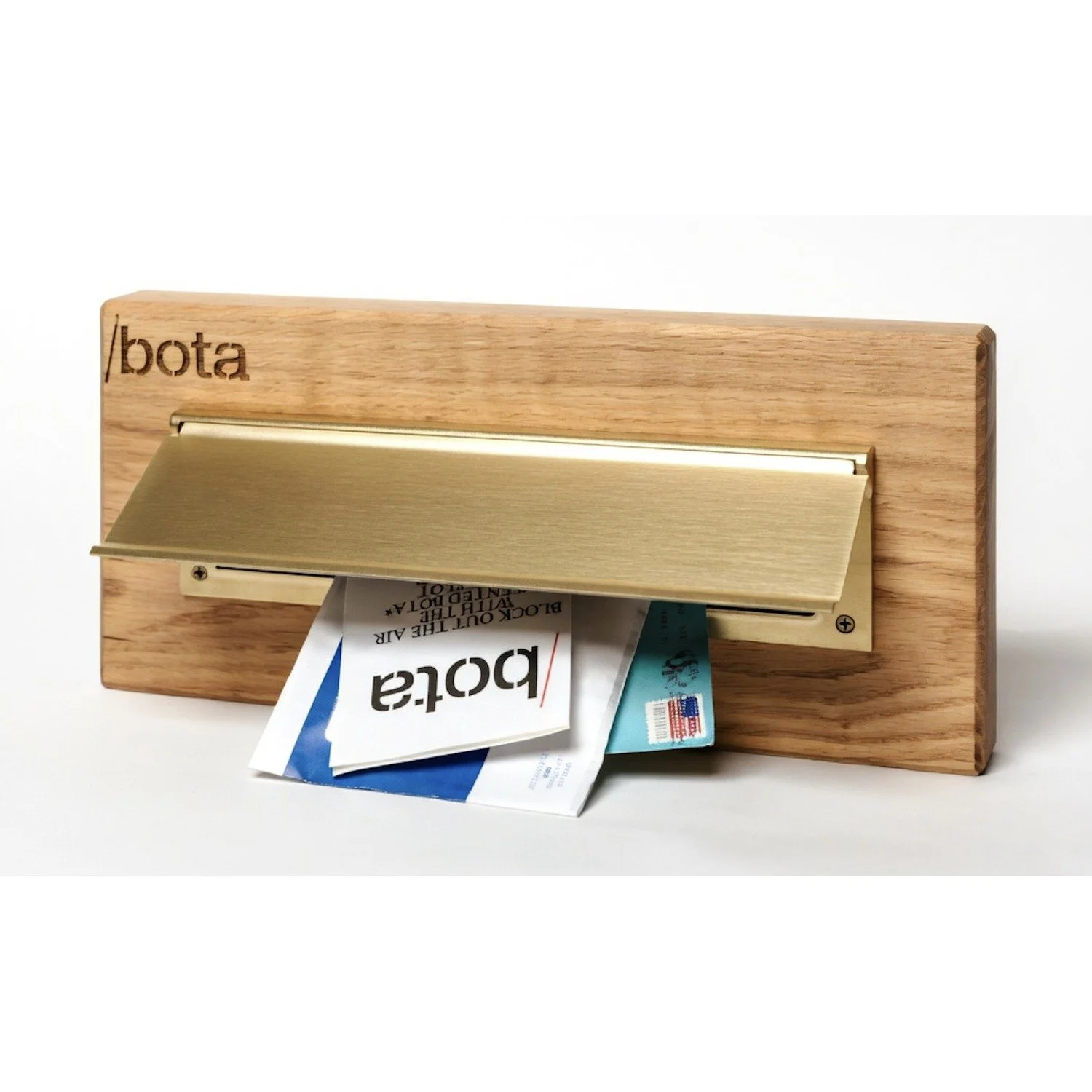 Brass-Seal™ Magazine Size Forged Brass Interior Mail Slot — Satin Brass finish, calibrated closure, installed view