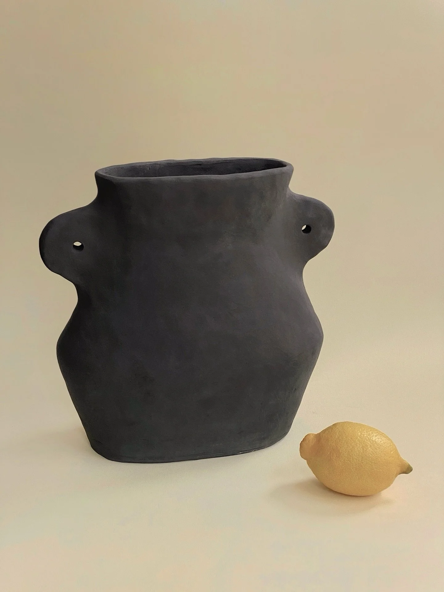 Flat black vessel with a single lemon 🍋 now available on my website (excluding lemon) #blackclay #burnishedpottery #interiorceramics #contemporaryceramics