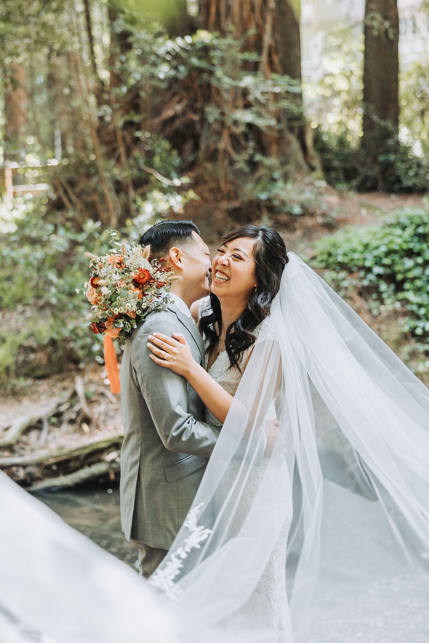 Bride and Groom sharing a beautiful moment together at Mill Creek Park in California