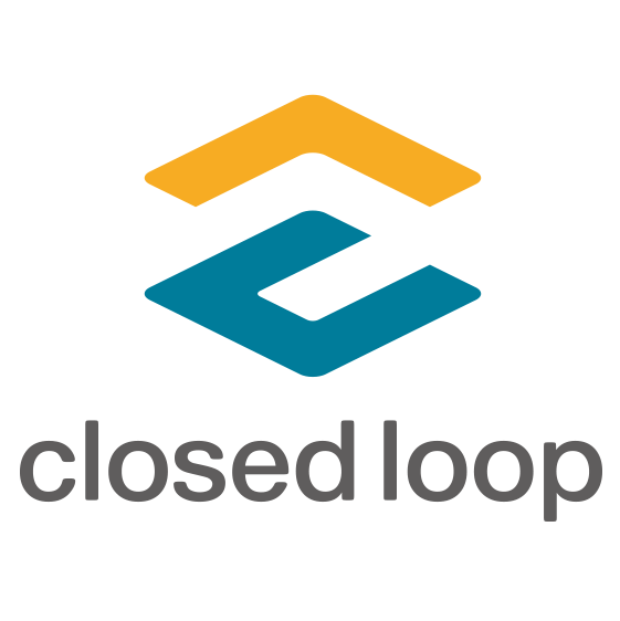Logo with two overlapping shapes, one orange and one blue, and the words "closed loop" below.