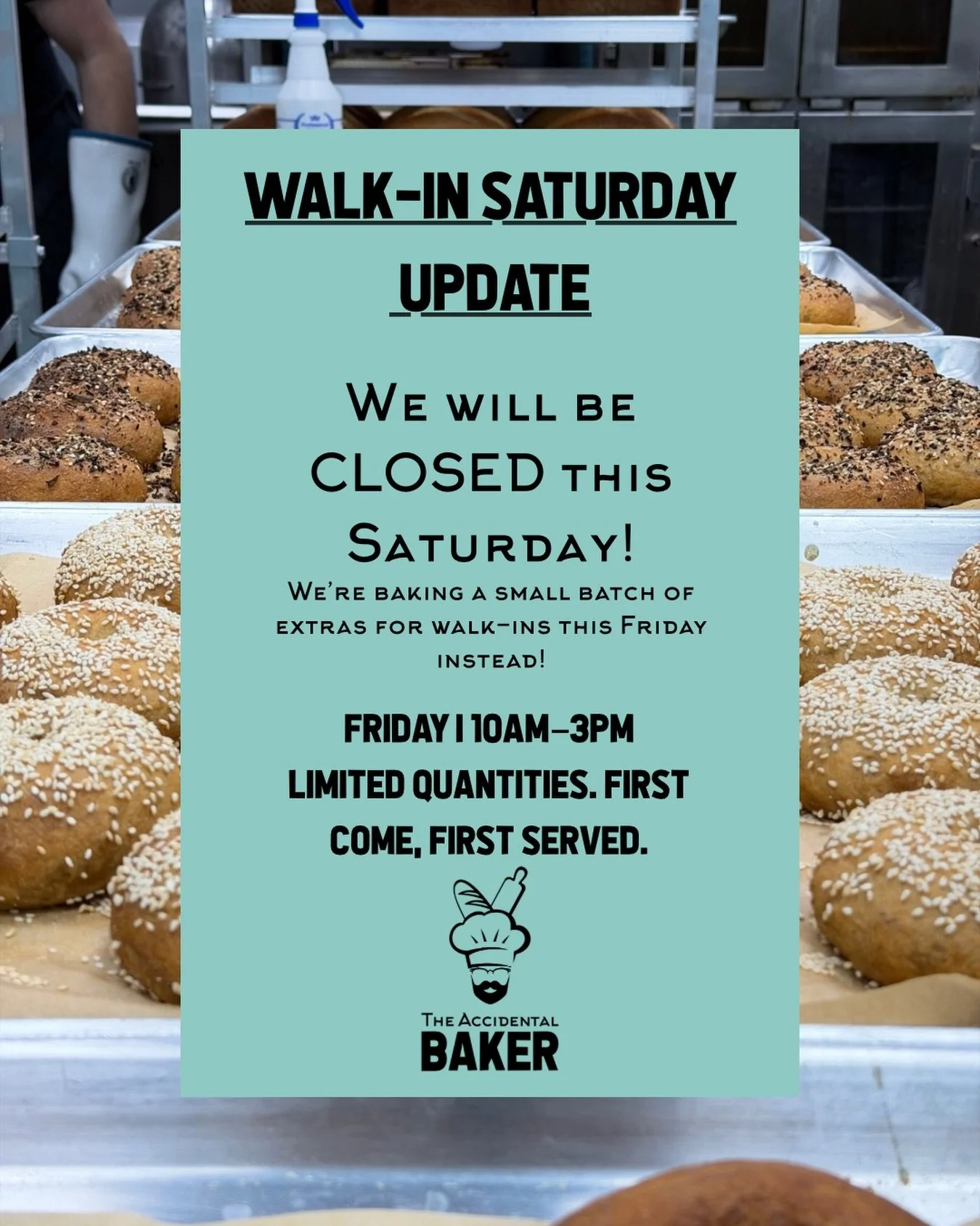 Mother Nature is throwing us a little weather curveball this week ☔️

Because of the forecast, we&rsquo;ll be closed for walk-in service this Saturday.

BUT &mdash; silver lining ✨
We&rsquo;re baking a small batch of extras for walk-ins this Friday i
