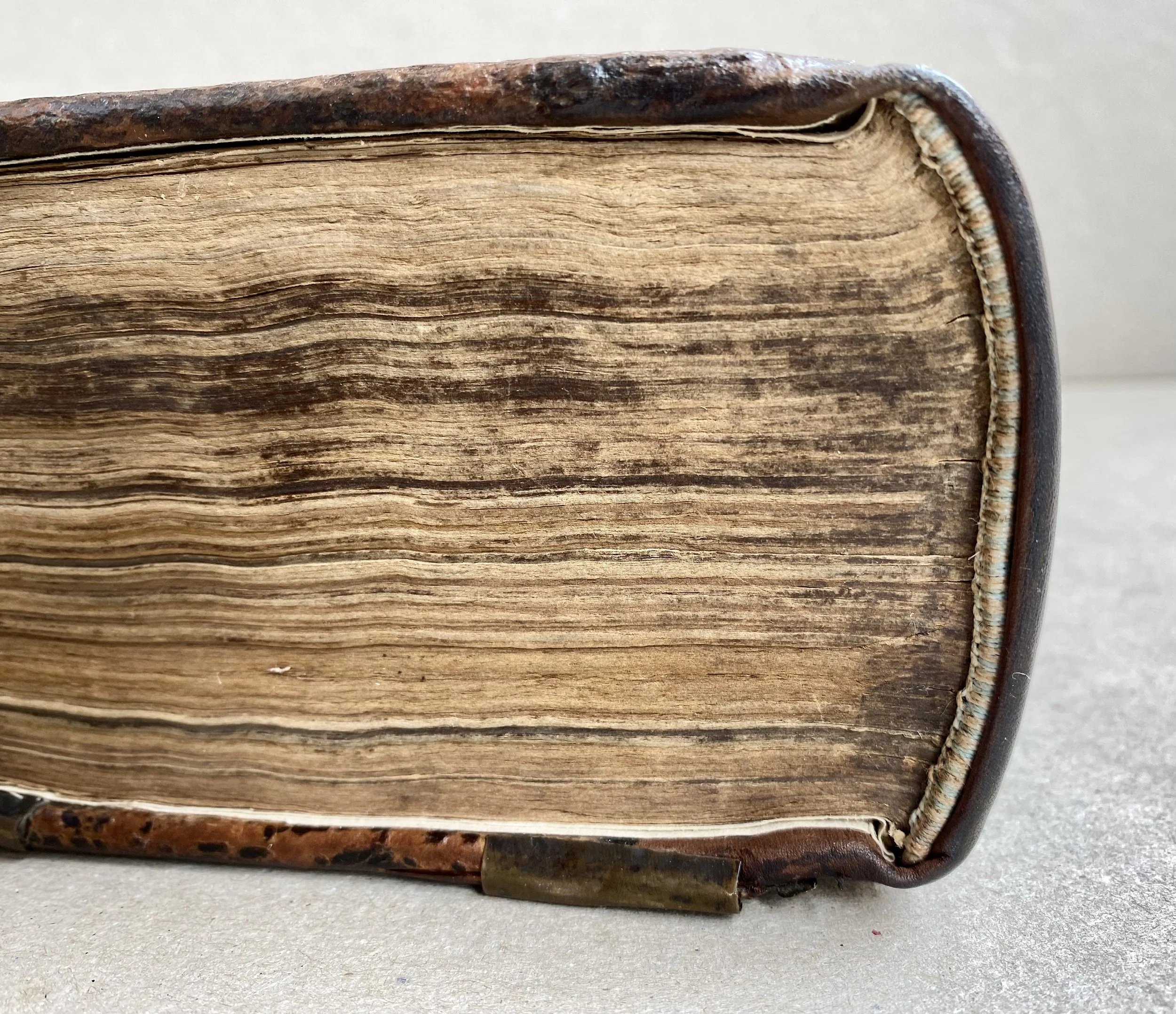 Rebacked spine and resewn headbands of 18th century bible (top of book)