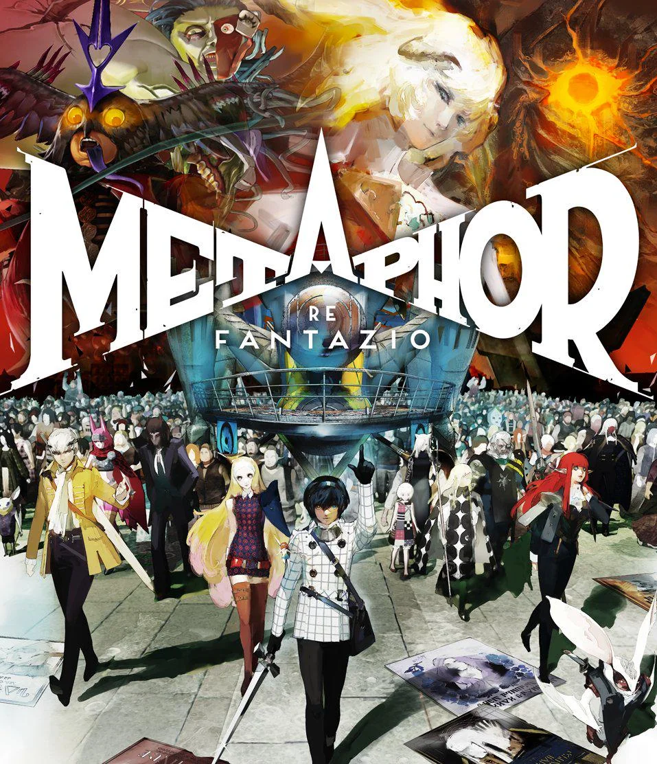 Cover art for the video game 'Metamorph' Fantazio featuring an anime-style illustration with a crowd of characters, a large central spaceship, and mythological creatures in a fantasy setting.