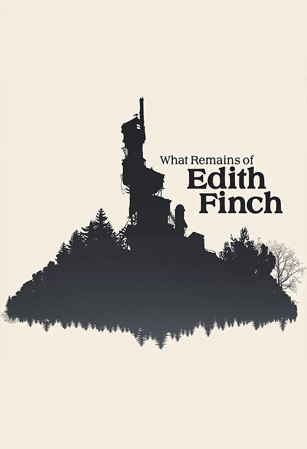 Book cover titled 'What Remains of Edith Finch' with a black silhouette of a house on a hill surrounded by trees, reflected in water.
