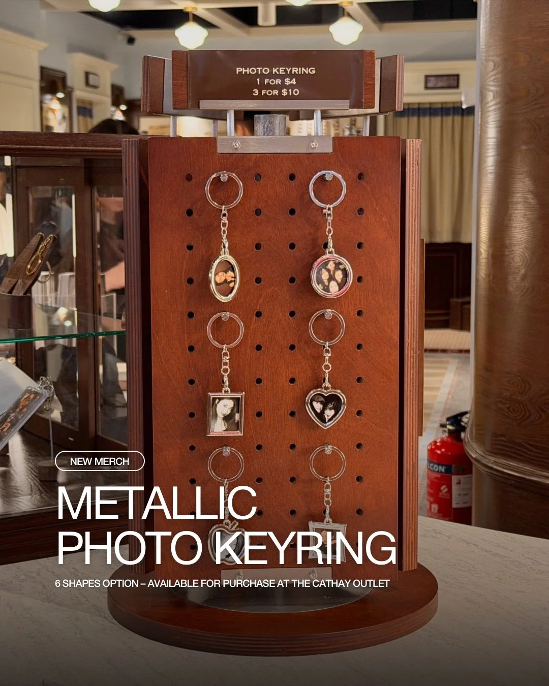 No such thing as having too many ling-ling-long-longs on your bag, right...? 🤨

Get your metallic photo keyrings at our Cathay outlet! There's 6️⃣ shape options for you to pick from! Ranging from rectangular, circular to even a cute heart &amp; appl