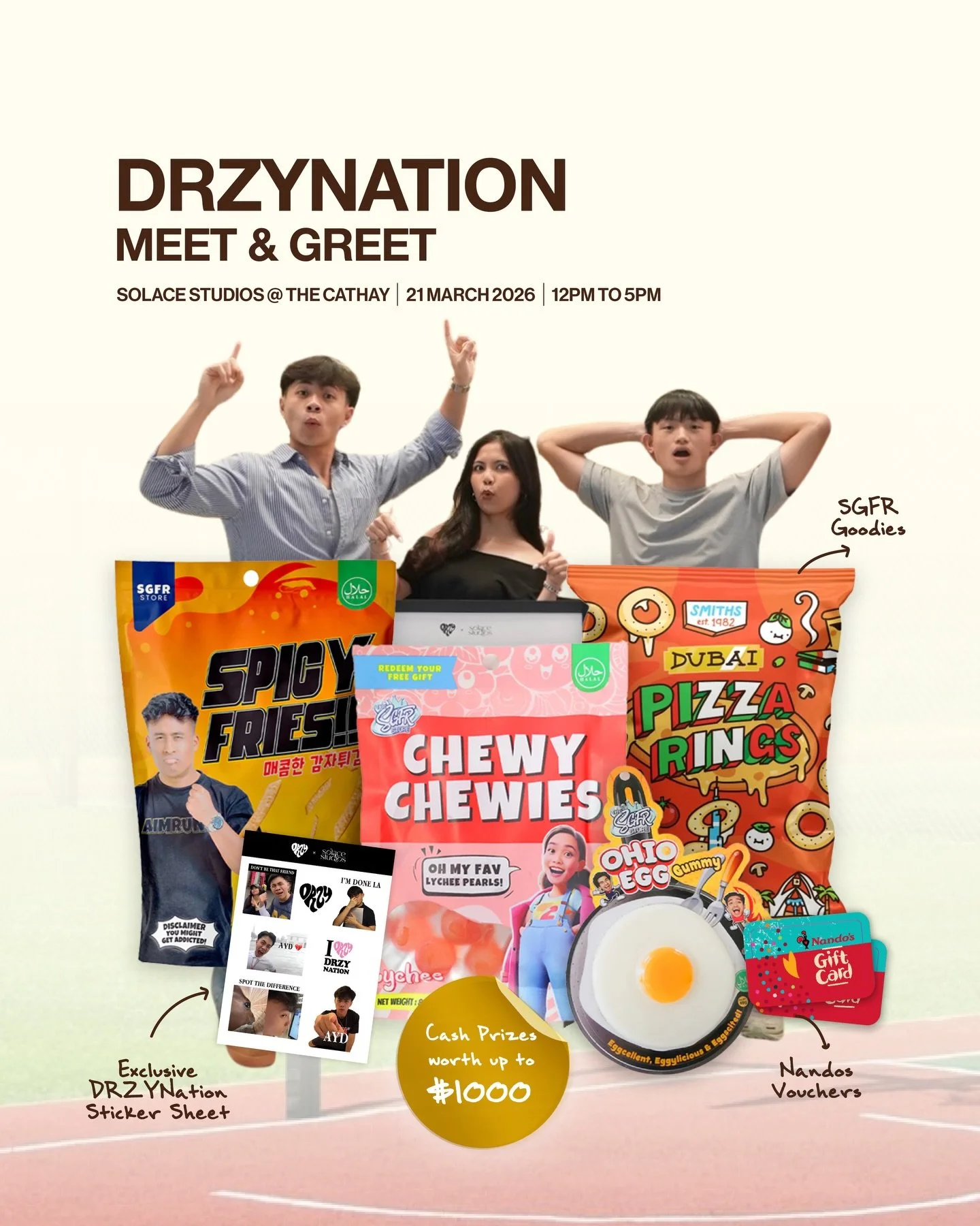 🔥 DRZYNATION MEET &amp; GREET @ SOLACE STUDIOS 🔥

📅 21 March 2026
⏰ 12PM to 5PM
📍 Solace Studios, The Cathay #01-08 @cathaymalls 

Come hang out with @drzynation for an afternoon of fun, games and photos! 👋

🎟 Lucky Draw (Win Cash Prizes!)
&bul