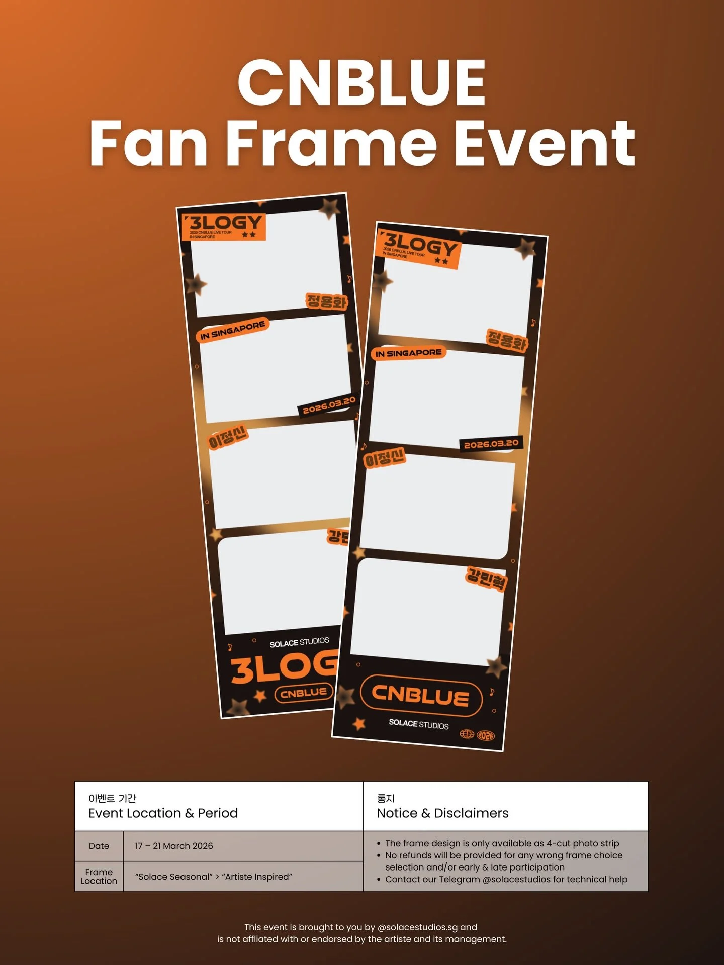 CNBLUE LIVE WORLD TOUR HAPPENING &amp; we dropped the frame for this moment 📸🔥

📍Available at ALL outlets/booths (except Zouk)
📆From now until 21 March 2026
⚠️Only available in the 4-cut strip variation! To locate the frame, select &ldquo;Solace 