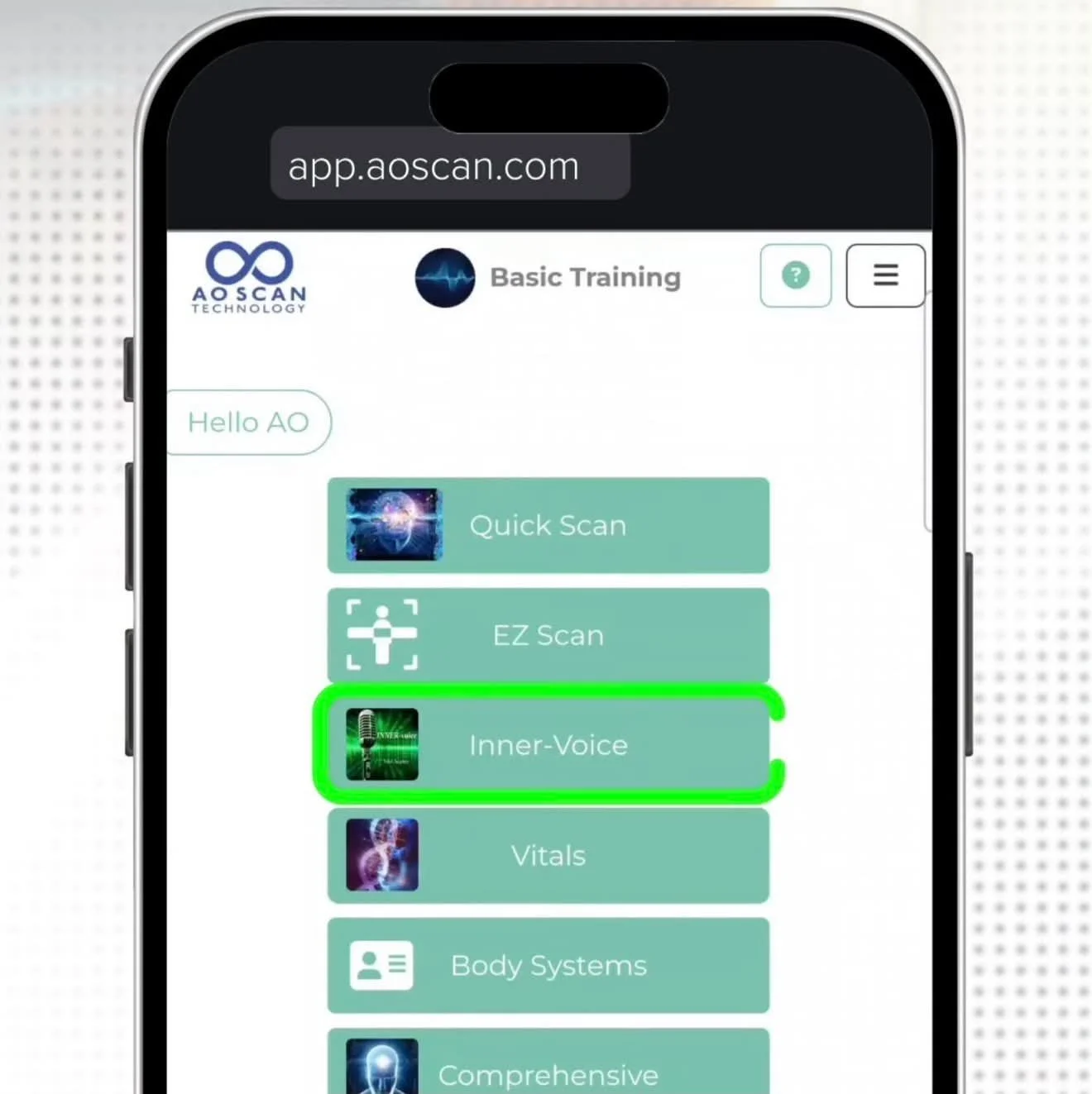 Inner Voice phone screen for Sandi Harvey's AO Scan introductory offer