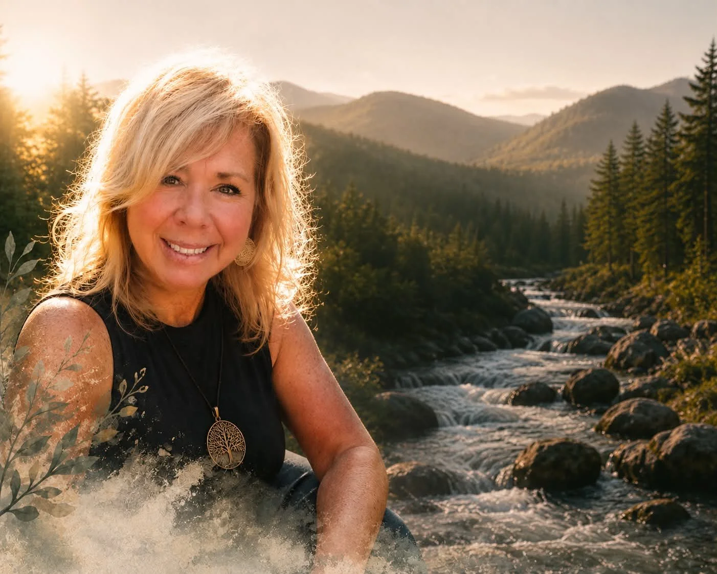 Sandi Harvey smiling beside a mountain river at sunset