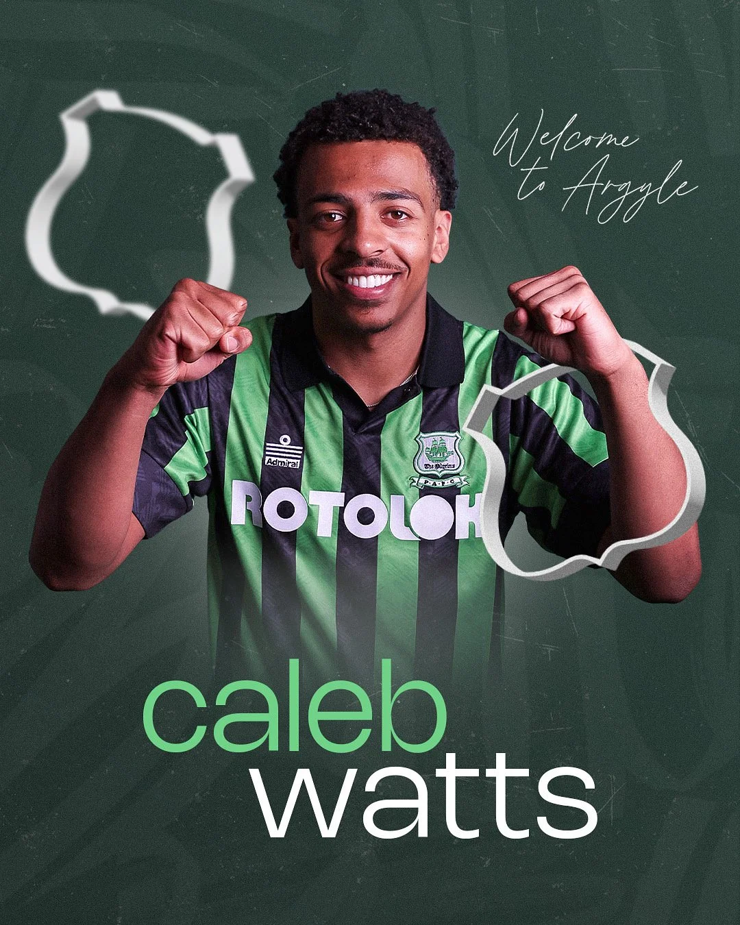 A young man smiling and making victory fists with both hands, wearing a green and black striped sports jersey with sponsor logos. The background features a chalkboard with the words "Welcome to Argyle" written on it, and the man's name, Caleb Watts, displayed at the bottom.
