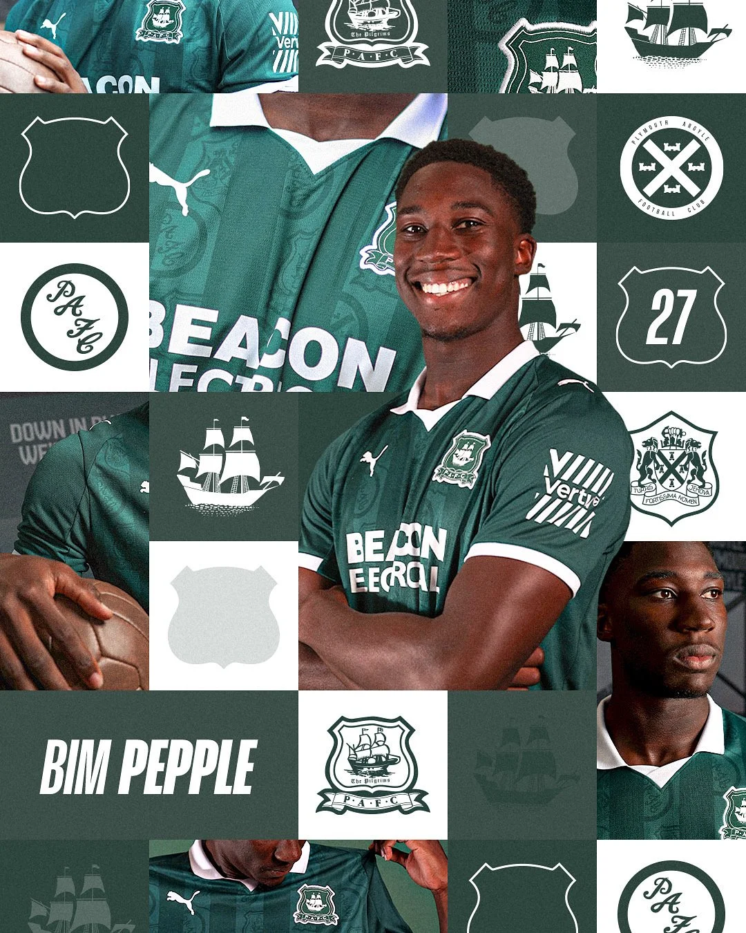 Collage of photographs and graphics featuring Bim Pepple in a green football jersey with sponsor logos, team logos, a motorcycle, a hot air balloon, a sailing ship, and various football-related symbols, celebrating his association with Plymouth Argyle Football Club.
