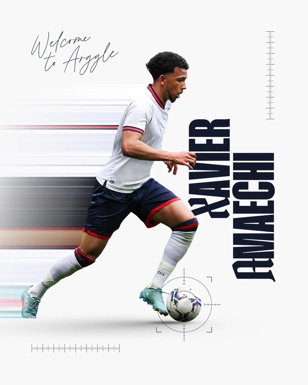 A soccer player running with a ball, wearing a white jersey and navy shorts with red accents, against a white background with text that reads "Welcome to Argyle" and "Always Wearing".