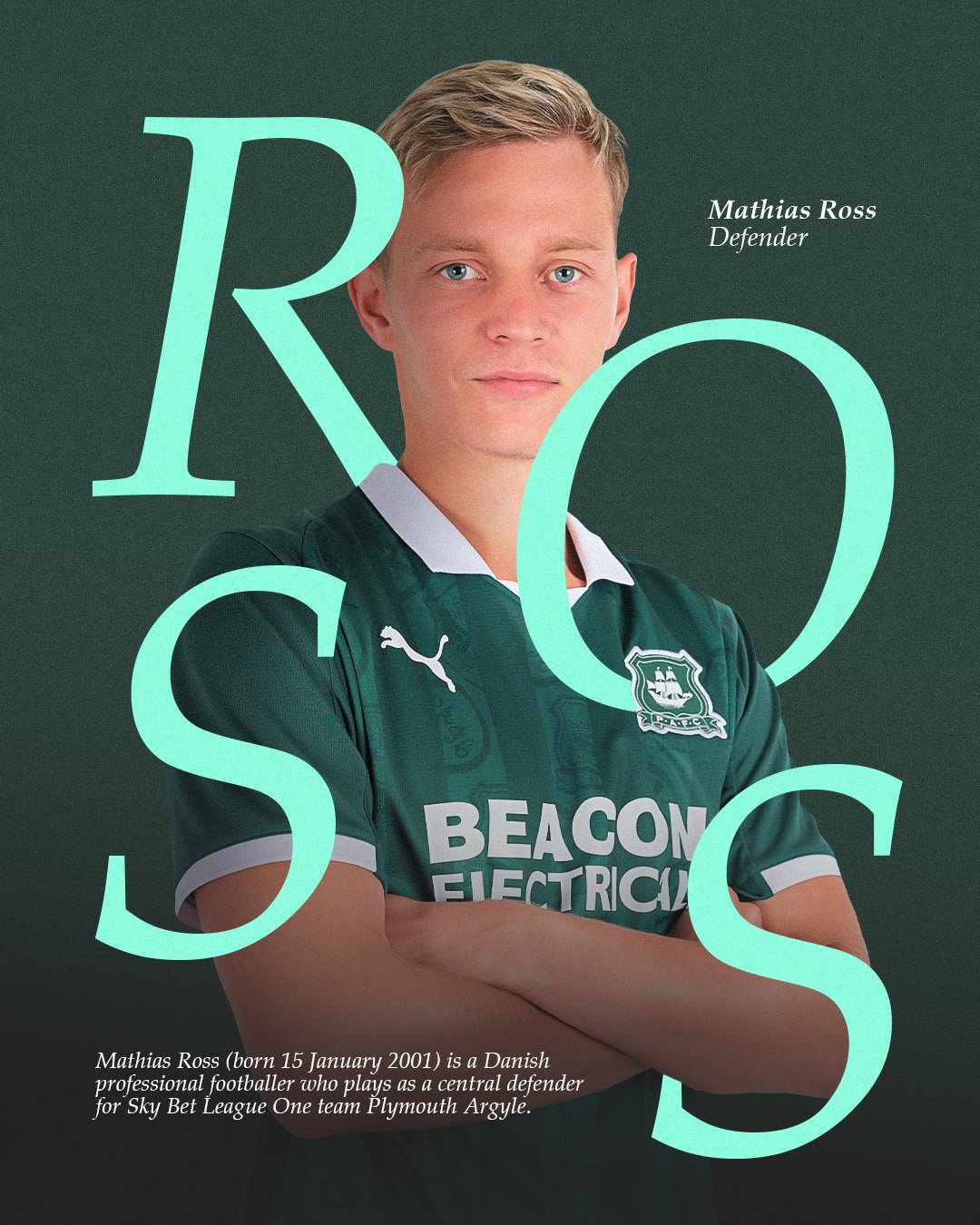 Portrait of Mathias Ross, a young man with blond hair and blue eyes, wearing a green football jersey with logos and text, arms crossed, against a dark green background, with overlay text including his name, occupation as a defender, and biographical info.