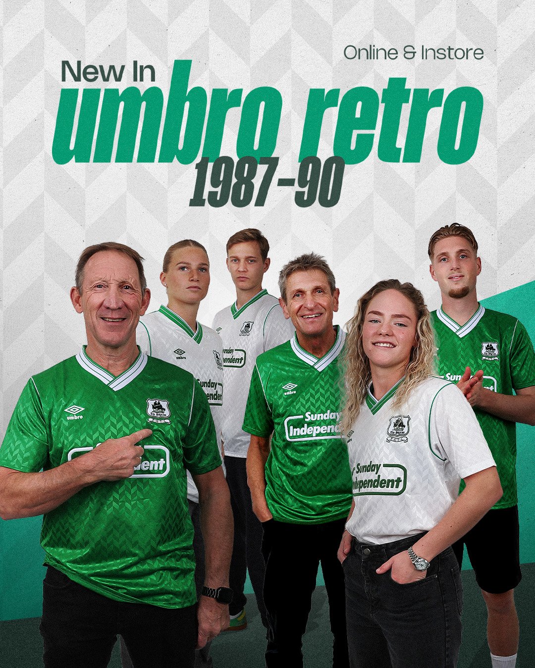 Group of people wearing green and white soccer jerseys with 'Sunday Independent' logo, posing for a photo at an event promoting Umbro retro football shirts from 1987 to 1990.