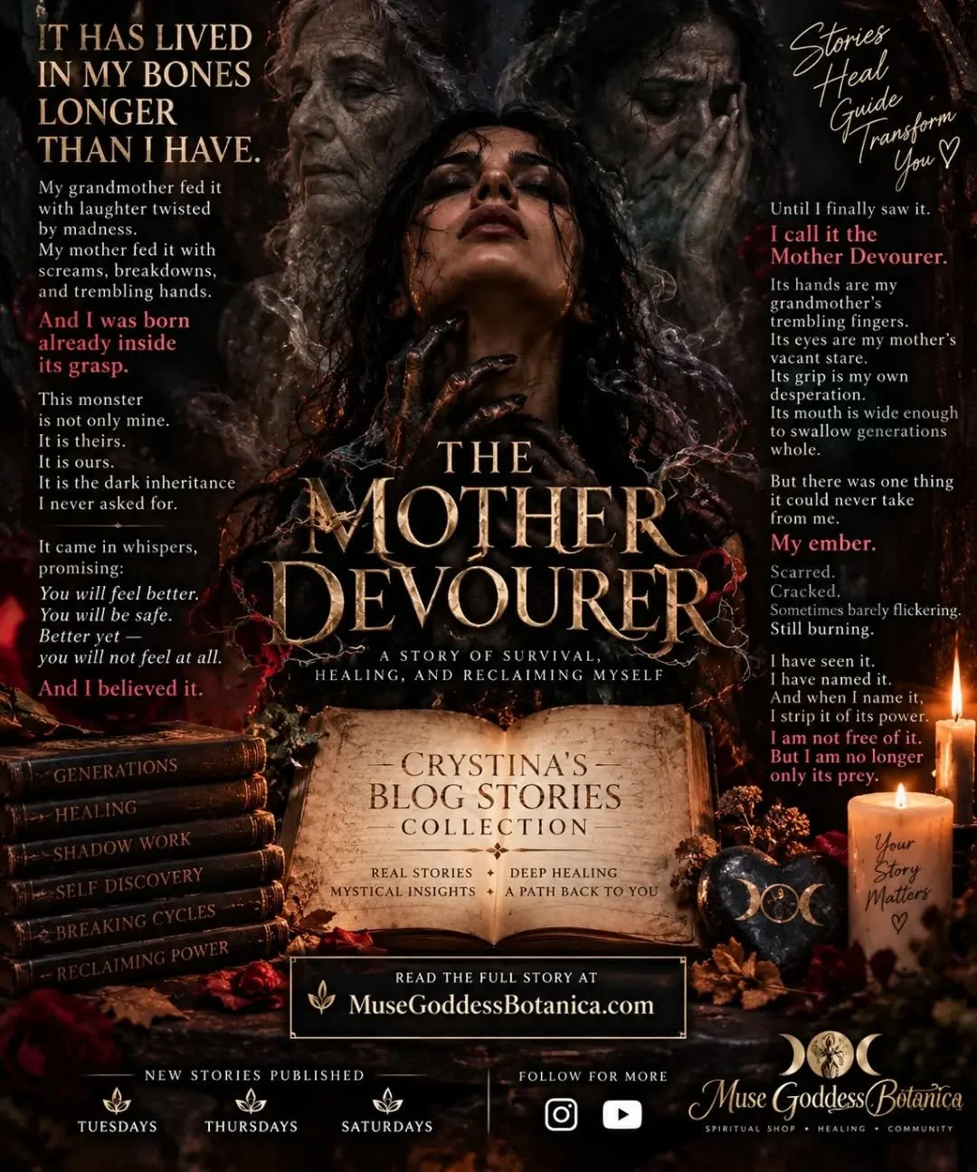 🖤 IT HAS LIVED IN MY BONES LONGER THAN I HAVE.💜
Some stories entertain you.
Some stories find you.

The Mother Devourer is a story of generational shadows, survival, healing, and reclaiming the ember that never truly went out.

&ldquo;I have seen i