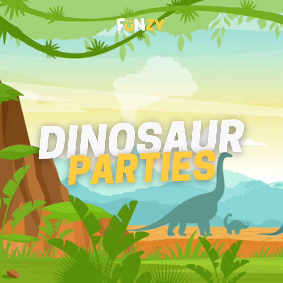 Cartoon illustration of dinosaurs in prehistoric jungle with trees, foliage, and a volcano in the background, promoting dinosaur parties.