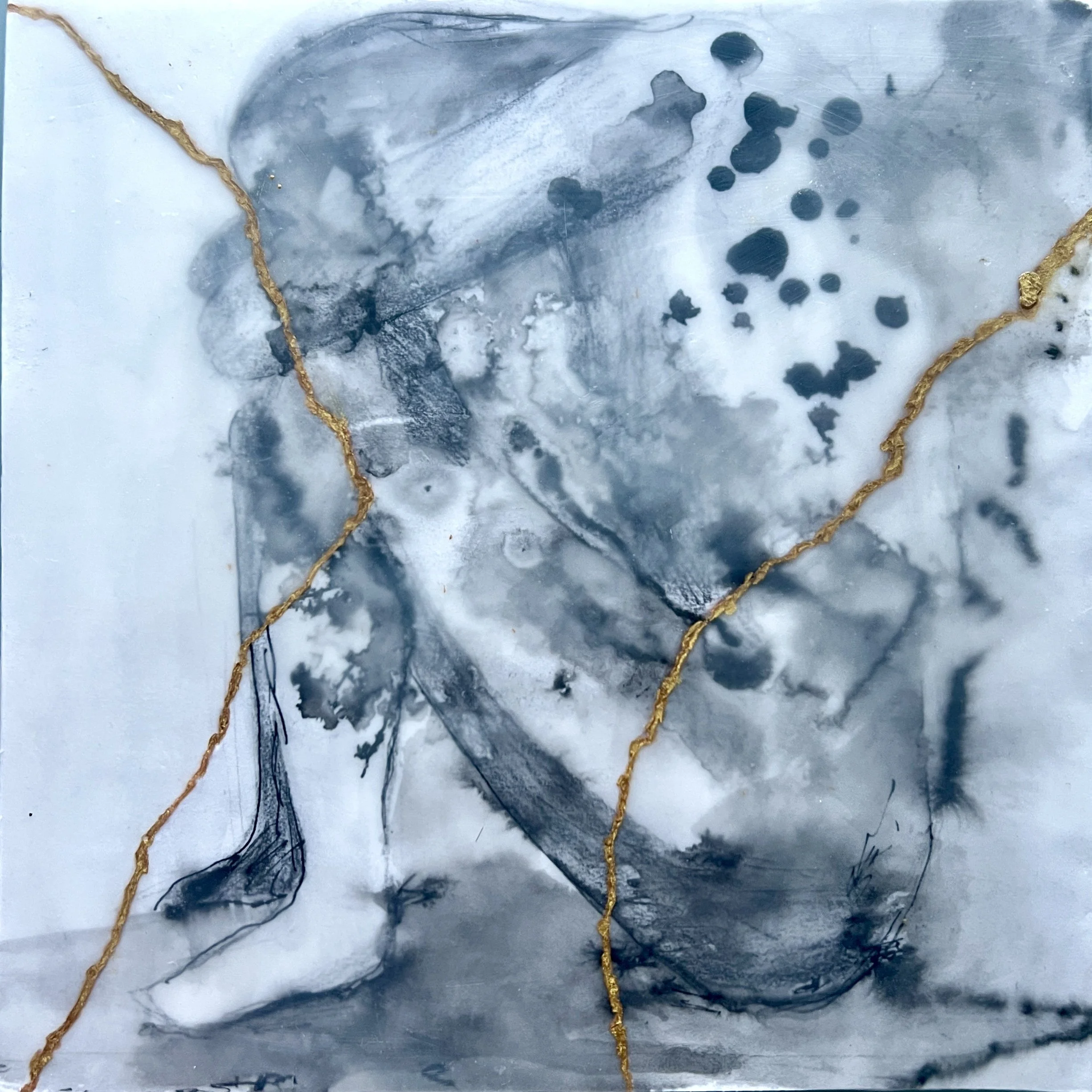 Need Some Me Time, Ink on paper & encaustic, 10"x10"