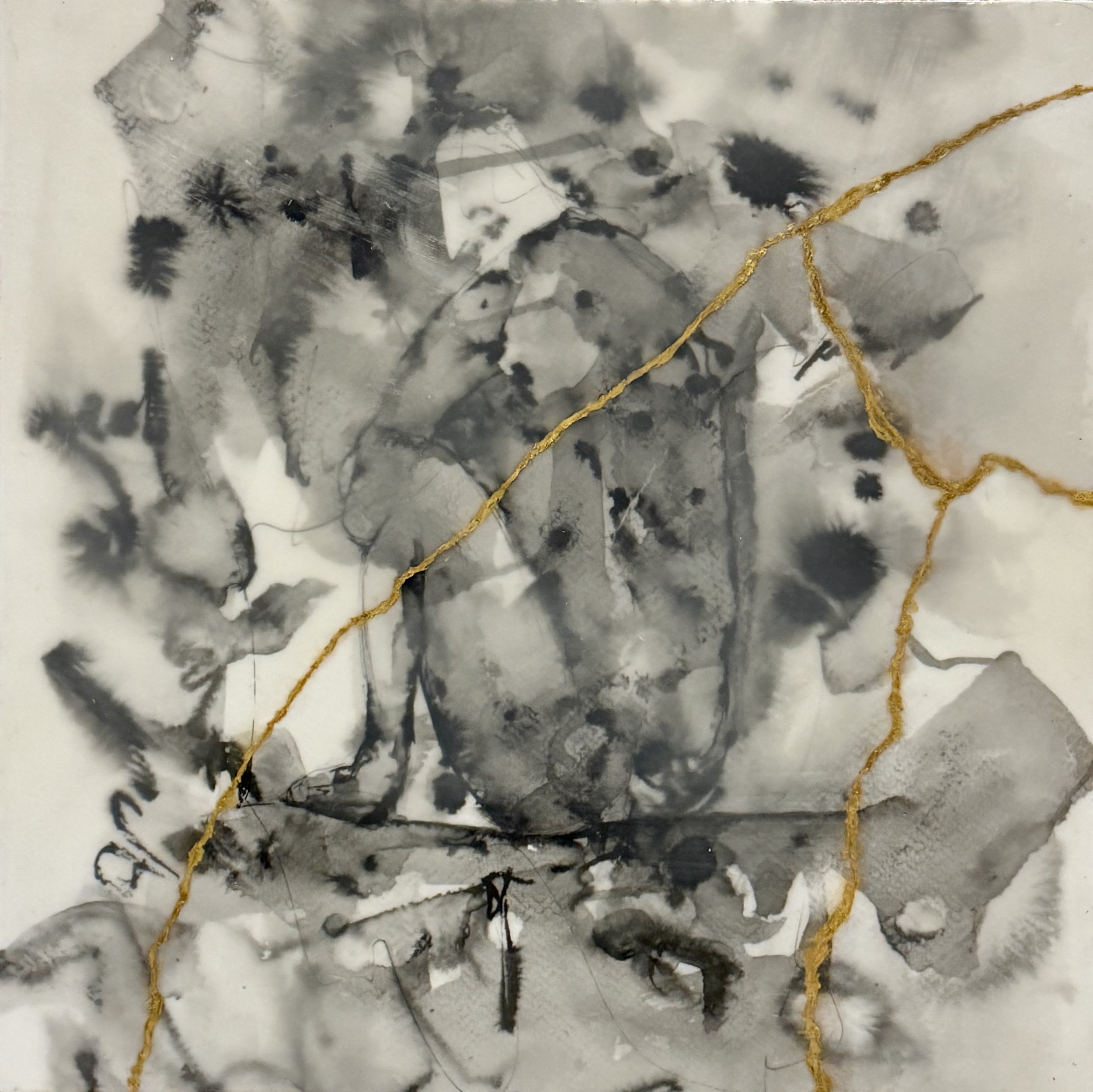 Holding The Fractures, Ink, paper & encaustic, 12"x12"