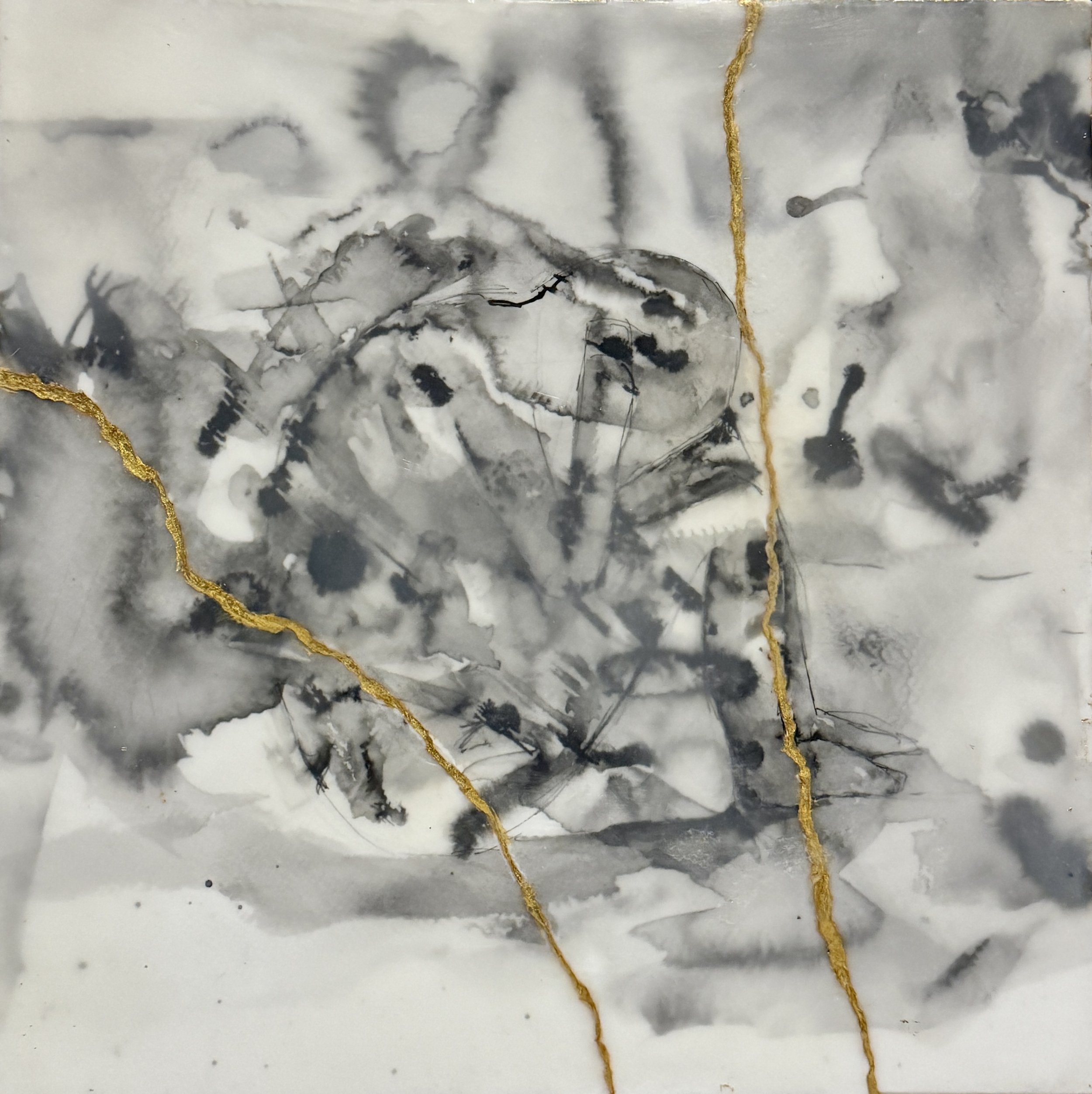 Holding The Fractures, Ink on paper & encaustic, 12"x12"