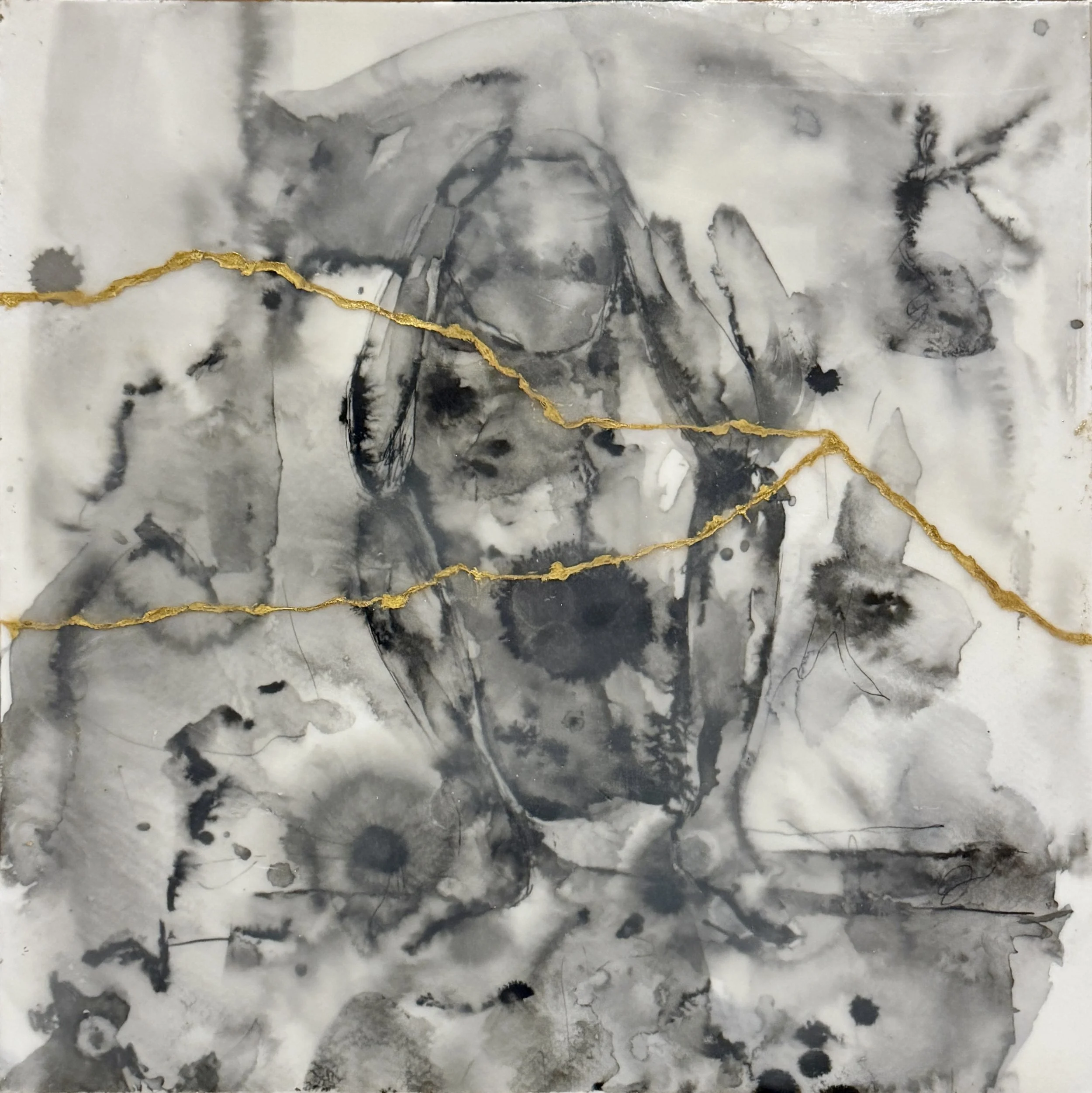 Learning To Hold, Ink, paper & encaustic, 12"x12"
