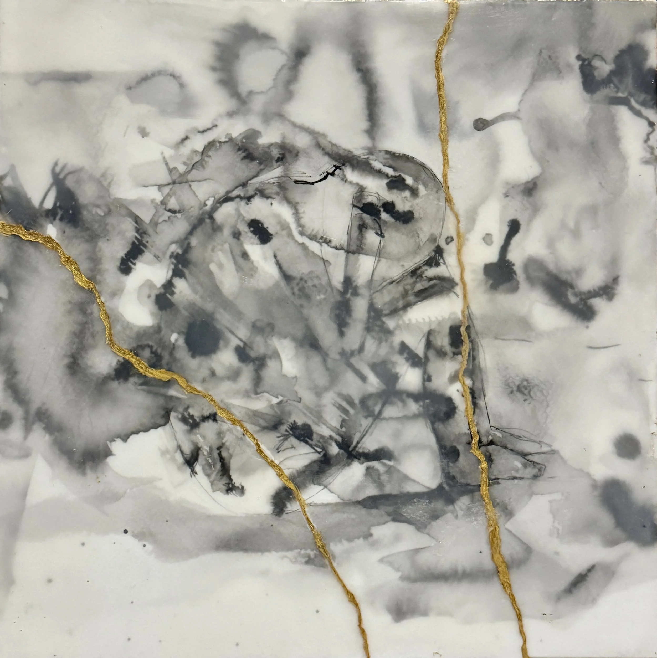 Becoming Again, Ink, paper & encaustic, 12"x12"