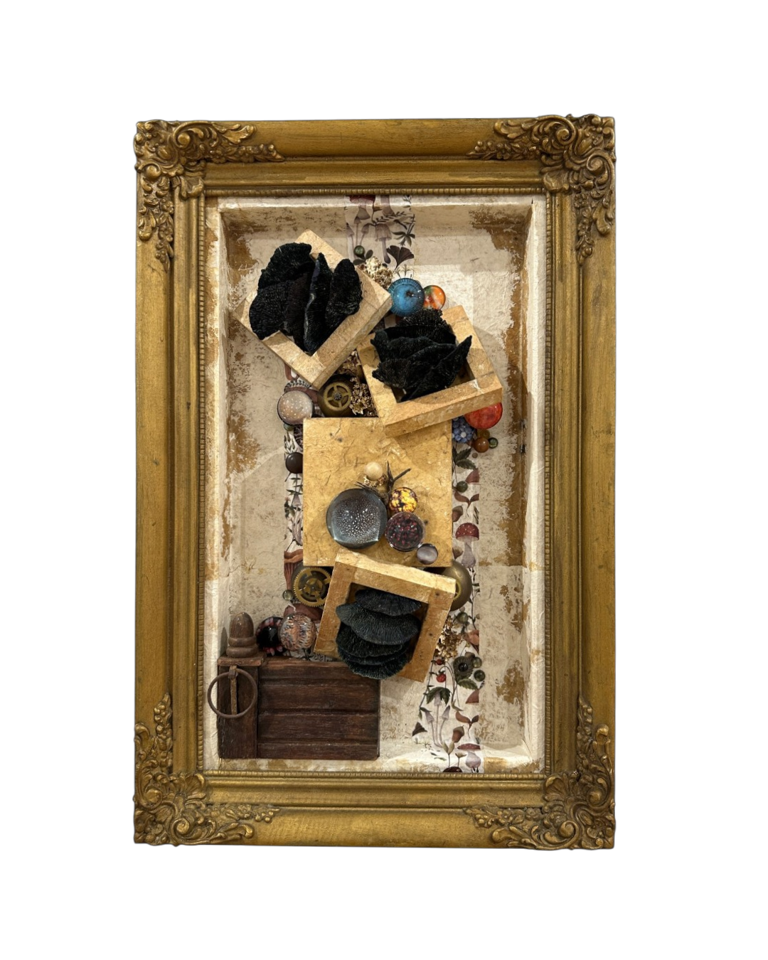 What Was Left Behind found object assemblage featuring fungi, seed pods, gears, and vintage frame