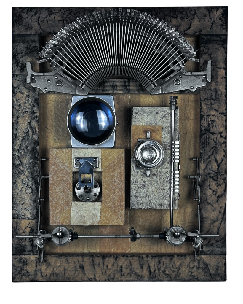 Assemblage artwork featuring a vintage typewriter mechanism, large optical lens, and mechanical components arranged as a symbolic scientific instrument.