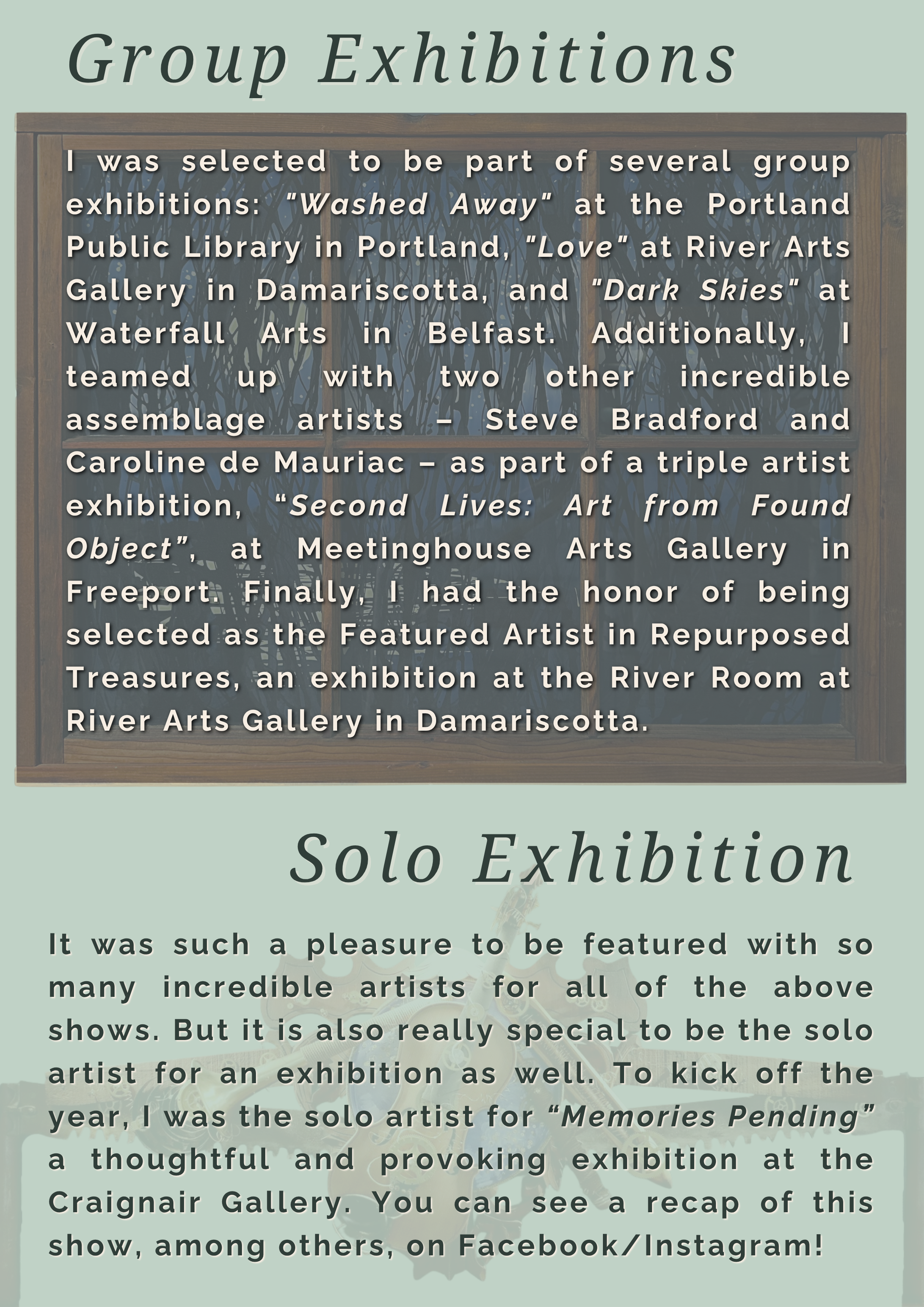 Text about Kharris Brill's group and solo art exhibitions on a wooden-framed chalkboard with a light green background.