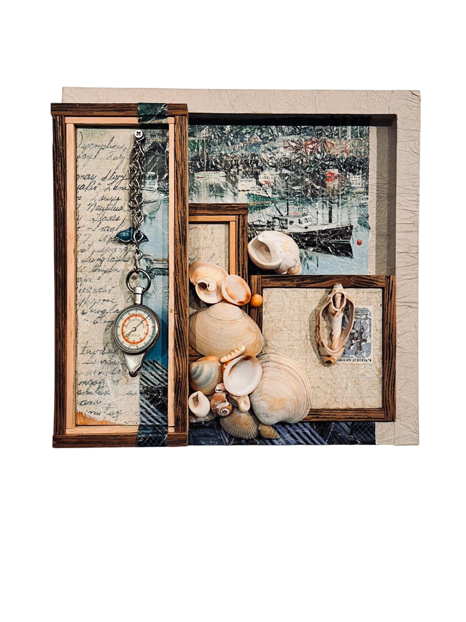 Nautical Memory Box assemblage with vintage depth gauge, shells, and harbor imagery