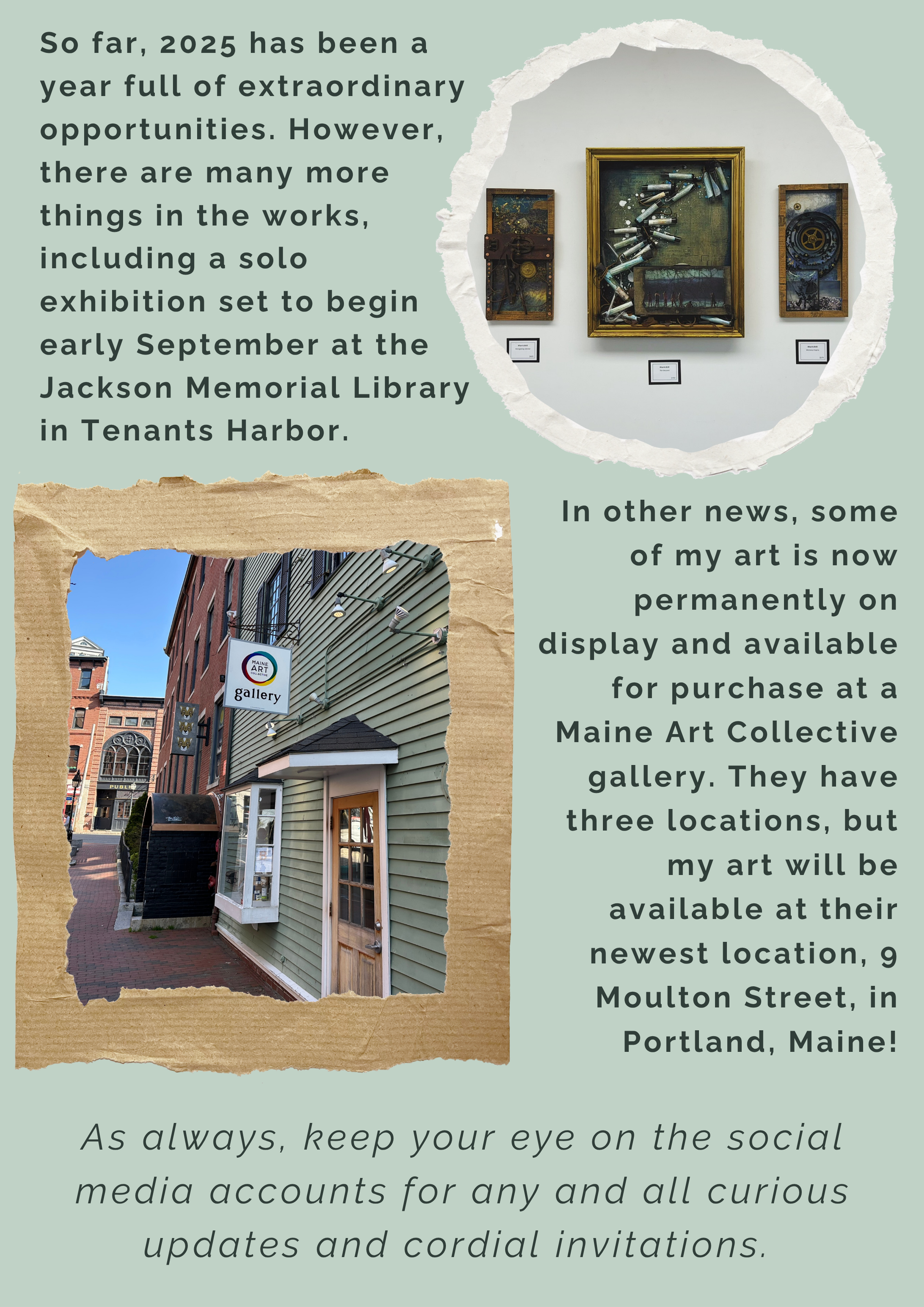 A graphic announcement with text and images about an upcoming solo art exhibition at the Jackson Memorial Library in Tenants Harbor and Kharris Brill's art being displayed at a Maine Art Collective gallery location in Portland, Maine.