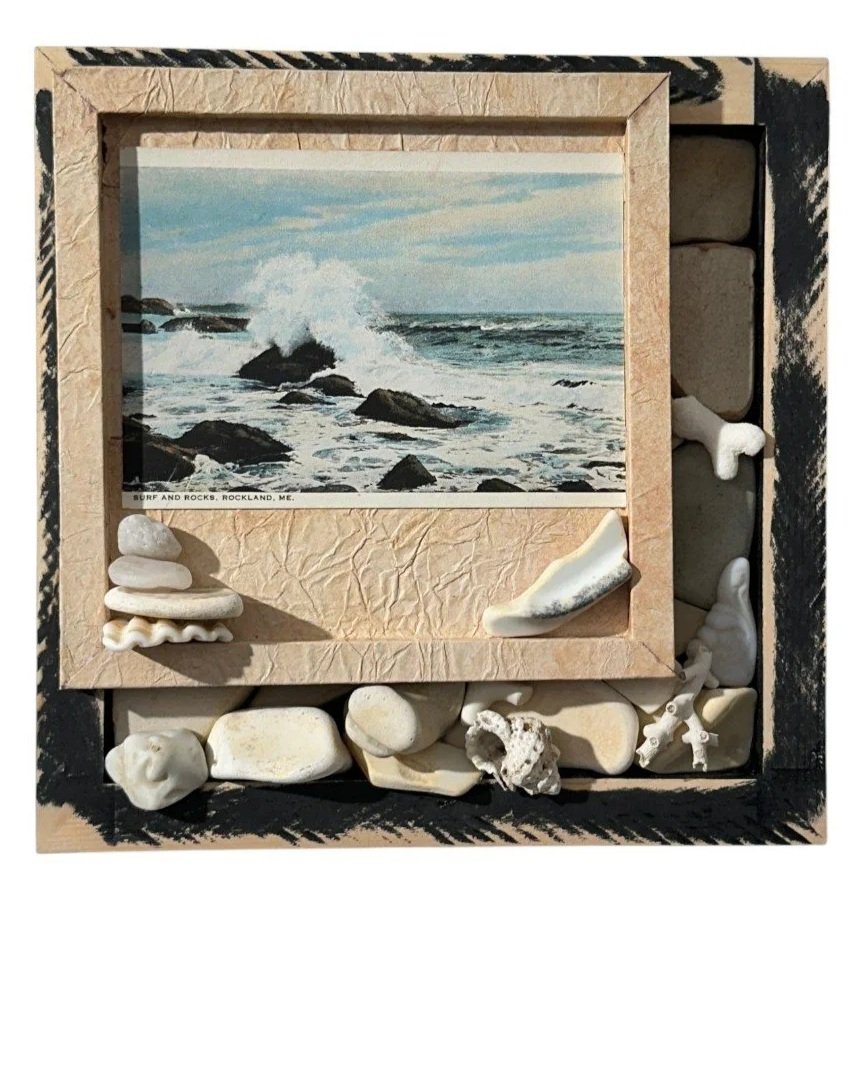 Maine Tides assemblage with vintage Rockland Maine coastal postcard, beach stones, shells, and coral fragments
