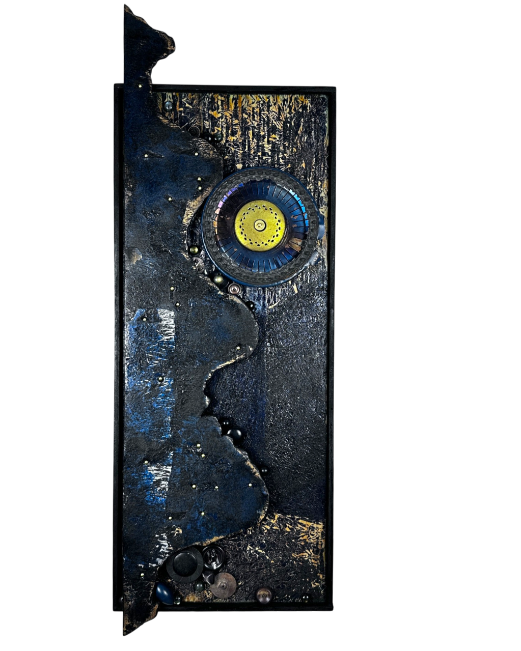 Dark assemblage artwork with layered textures, found mechanical components, and a luminous circular centerpiece suggesting hidden signals beneath the surface.