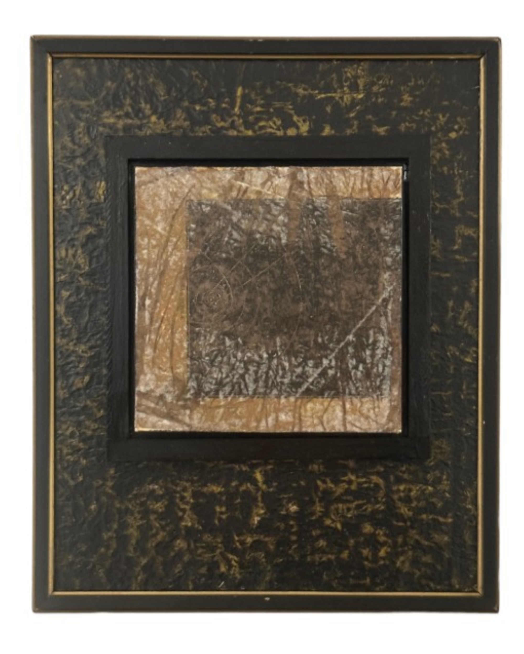 Abstract mixed media artwork featuring layered tissue paper and textured earth-toned surfaces within a black wood frame.