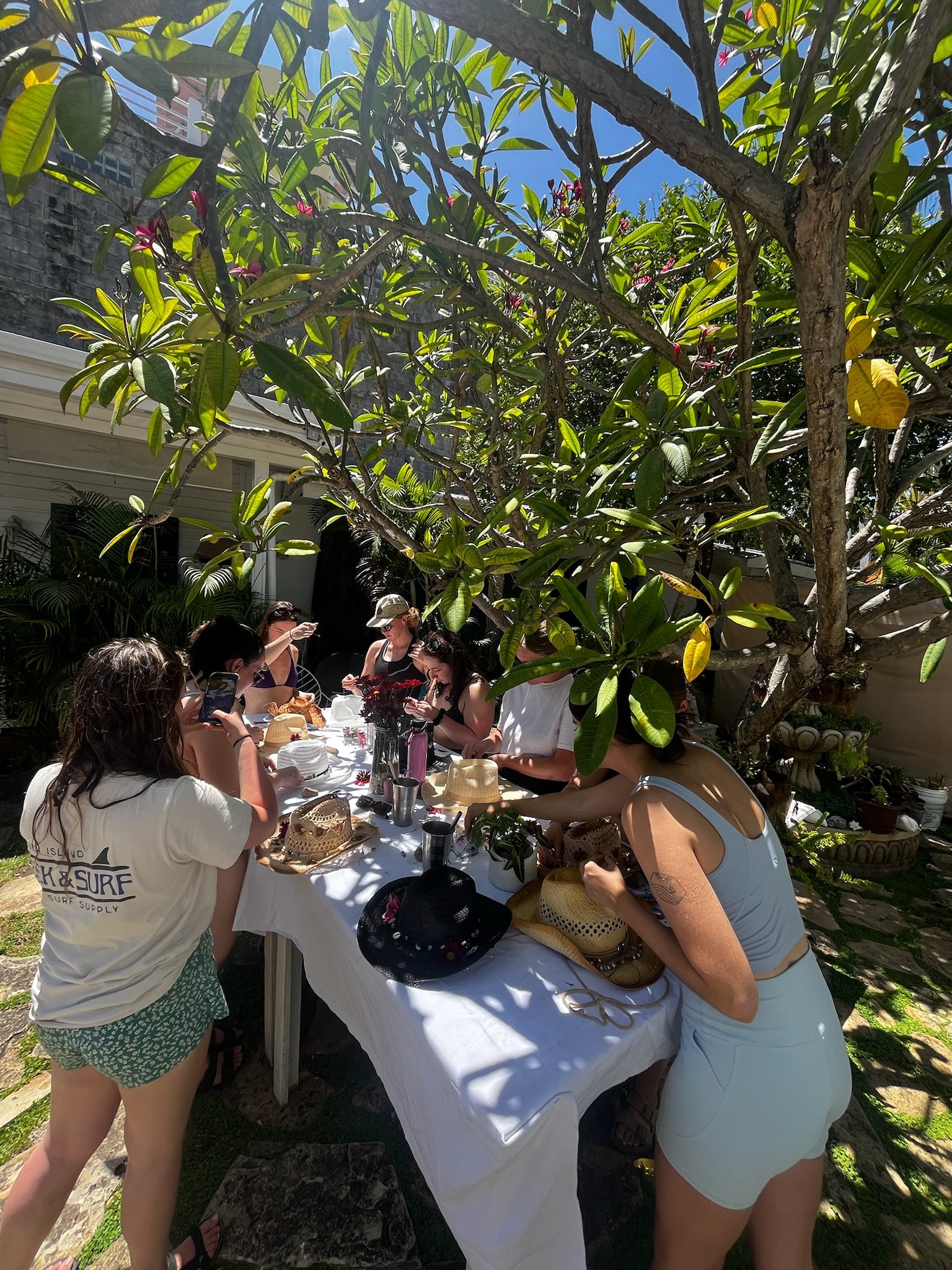 A group of women gathered around a table outdoors, underneath a large green tree, with sunlight filtering through the leaves, on a bright day.